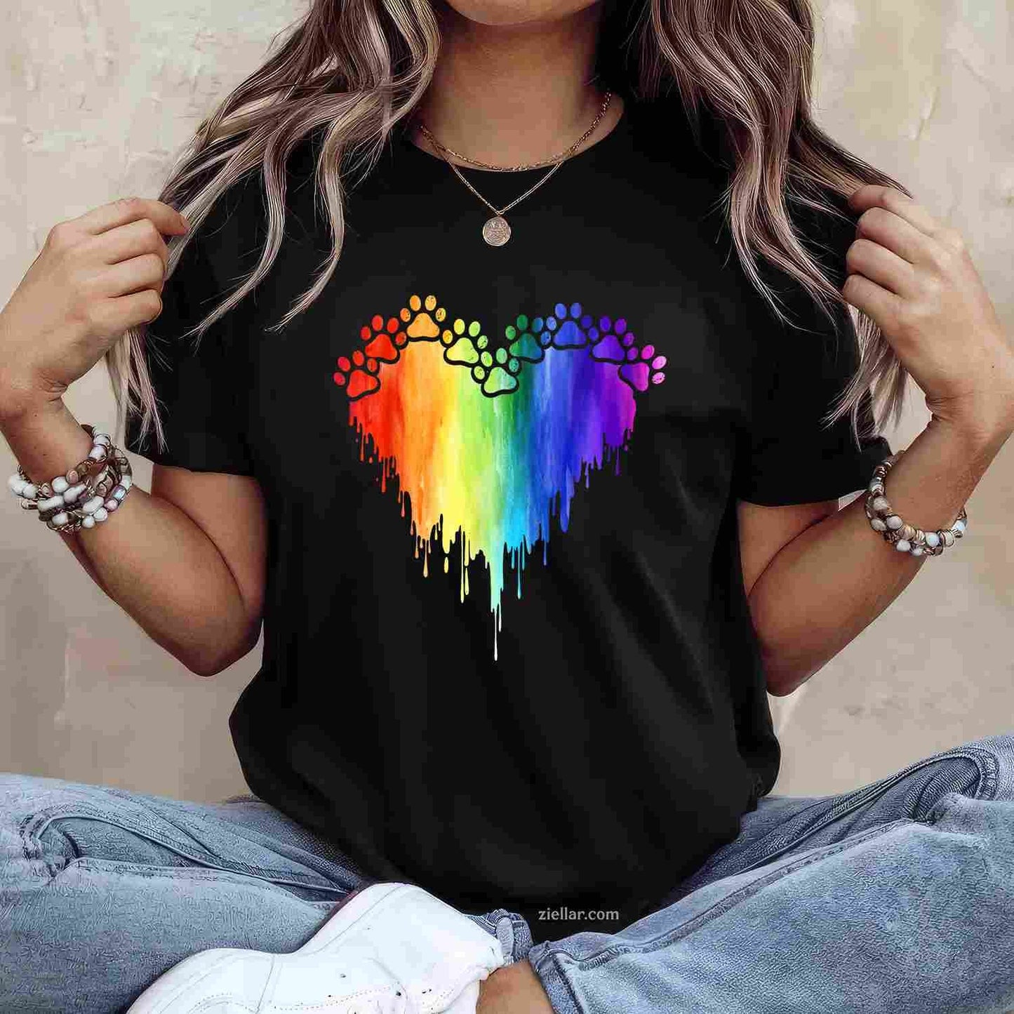 Puppy Lover Rainbow Paw Heart T-Shirt, Colorful Decor Dog Vintage Graphic Tee For Adults