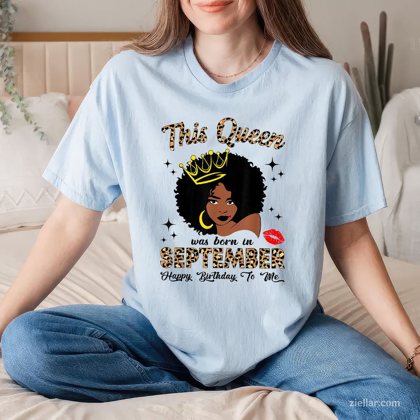 Queen Born in September Tee and T-Shirt, Leopard Afro Women’s Birthday T-Shirt Gift for Adults