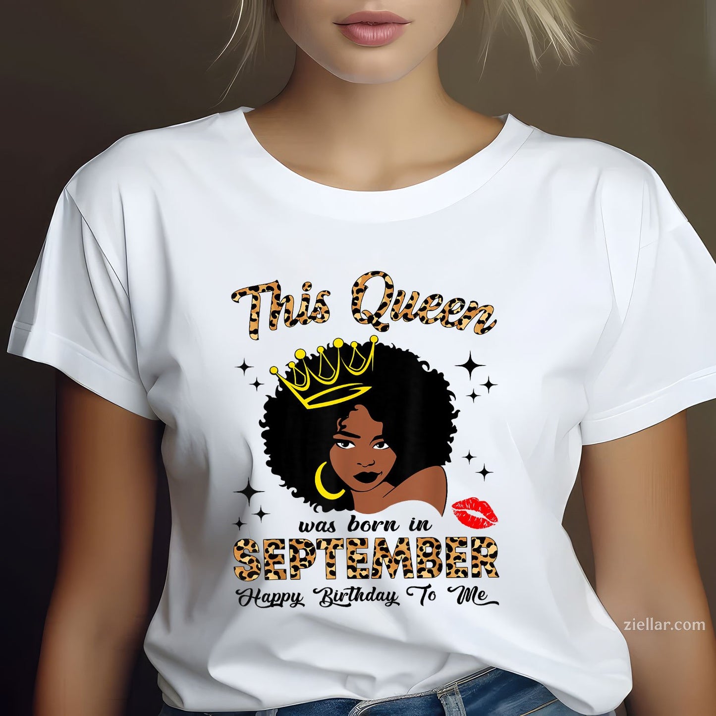 Queen Born in September Tee and T-Shirt, Leopard Afro Women’s Birthday T-Shirt Gift for Adults