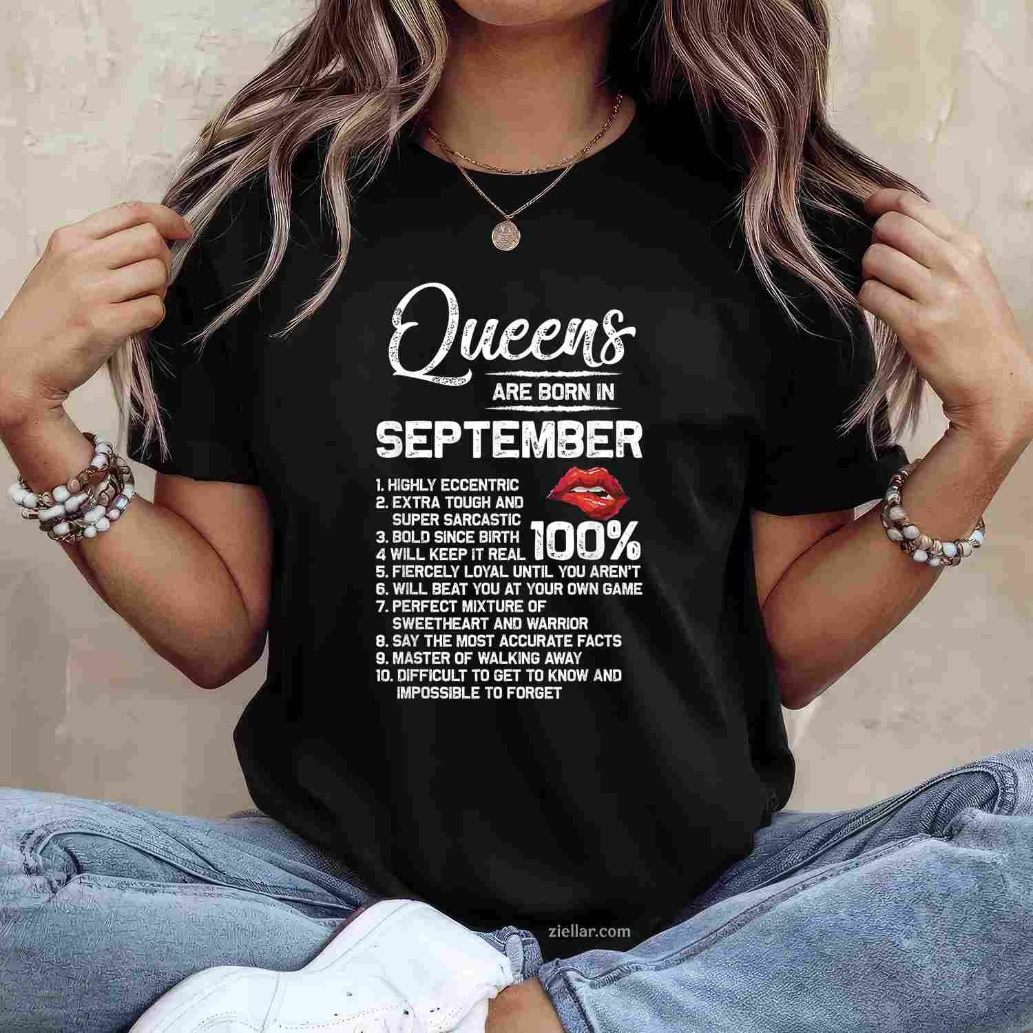 Queens Are Born in September Birthday Gifts T-Shirt Tee for Men Women Adults Unisex