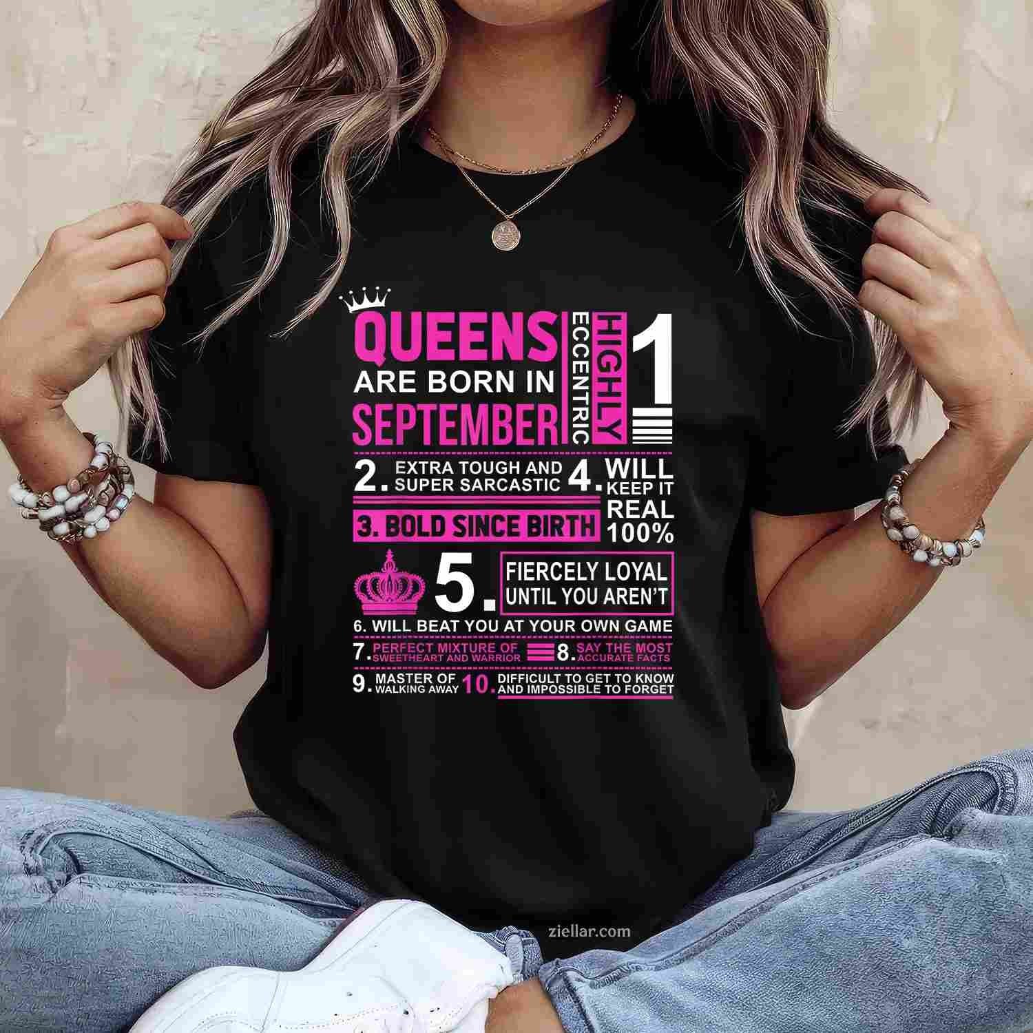 Queens Are Born In September Birthday T-Shirt Tee for Men Women Adults Unisex