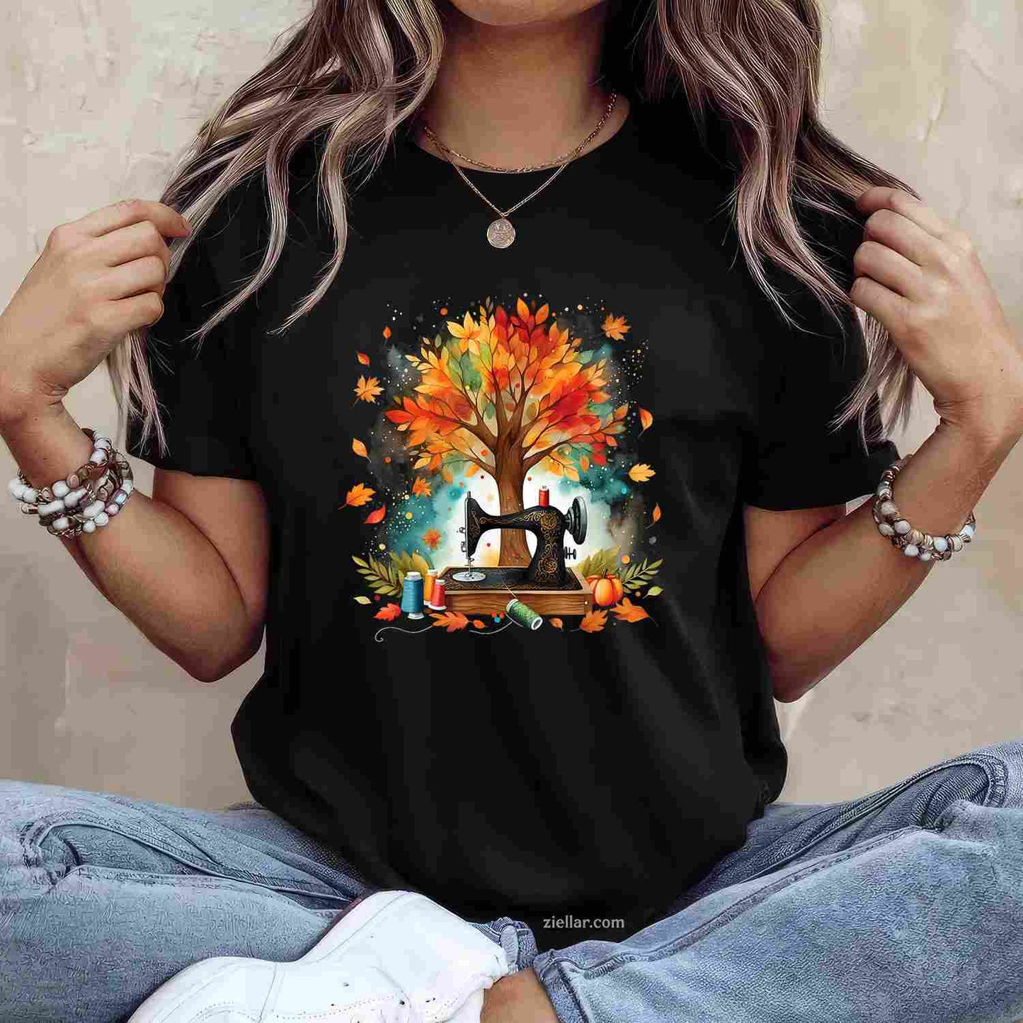 Quilting Sewing Machine Autumn Fall Leaves Sewer T-Shirt and Tee for Adults Men Women Unisex