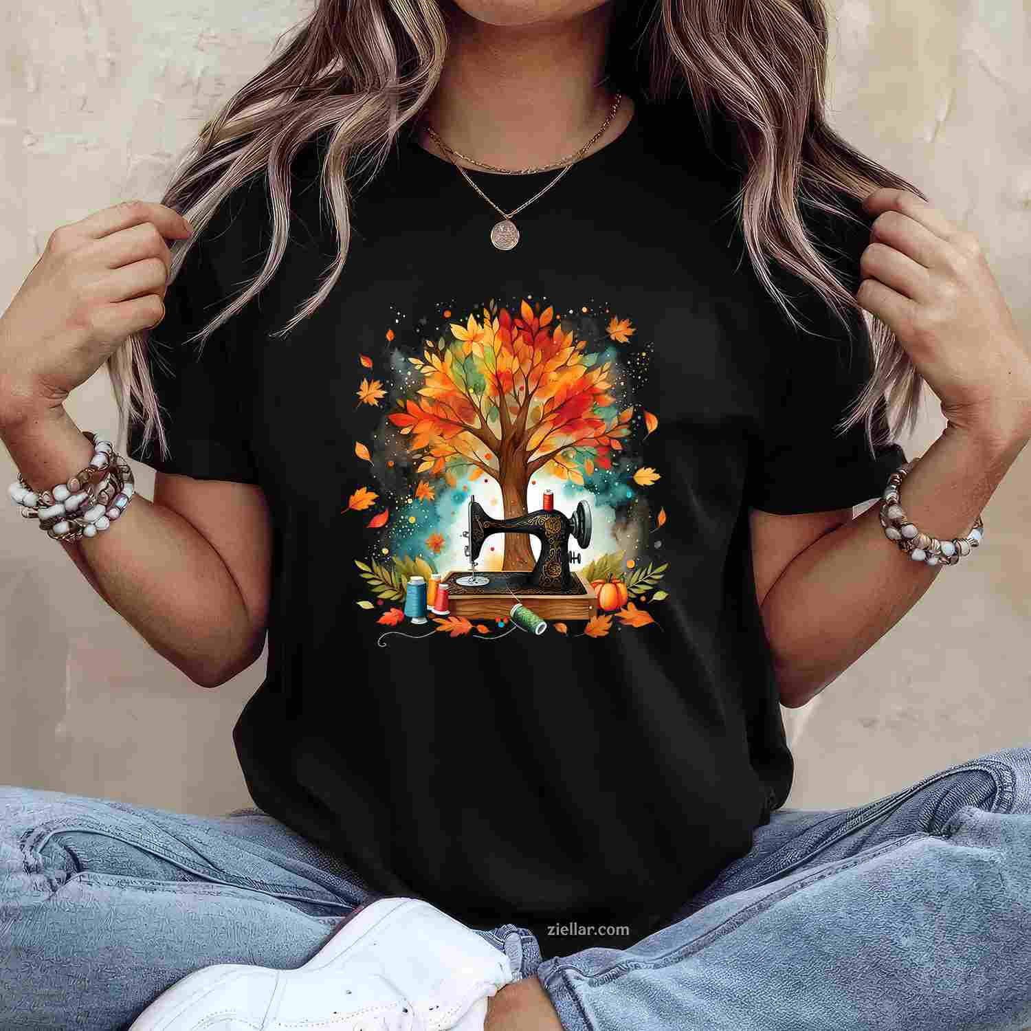 Quilting Sewing Machine Autumn Fall Leaves Sewer T-Shirt and Tee for Adults Men Women Unisex