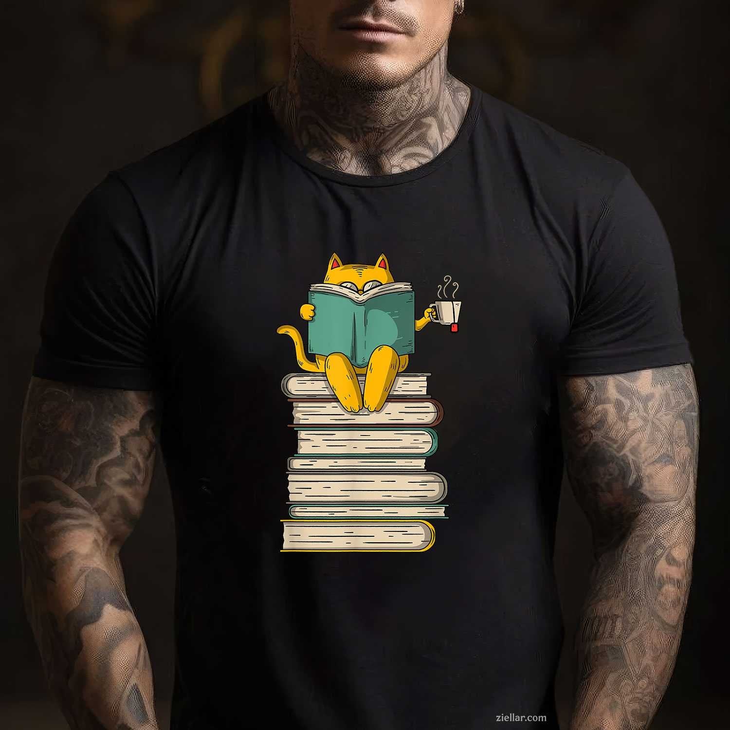 Reading Cat - Funny Book & Tea Lover Gift Short Sleeve T-Shirt