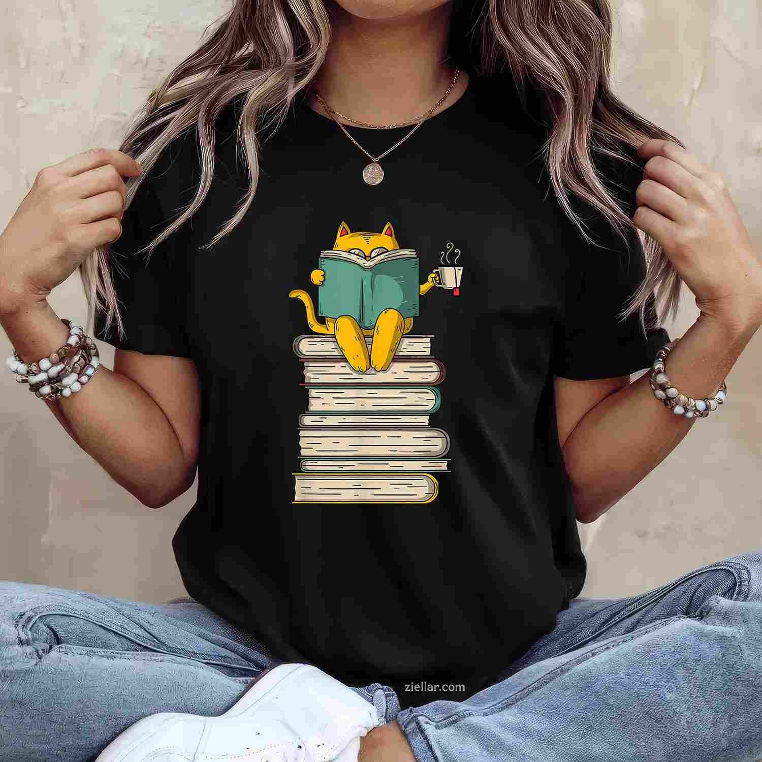 Reading Cat - Funny Book & Tea Lover Gift Short Sleeve T-Shirt