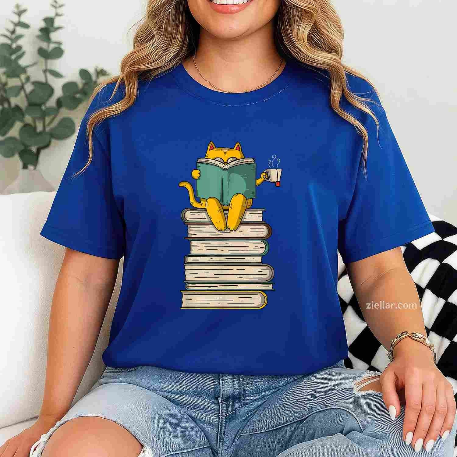 Reading Cat - Funny Book & Tea Lover Gift Short Sleeve T-Shirt