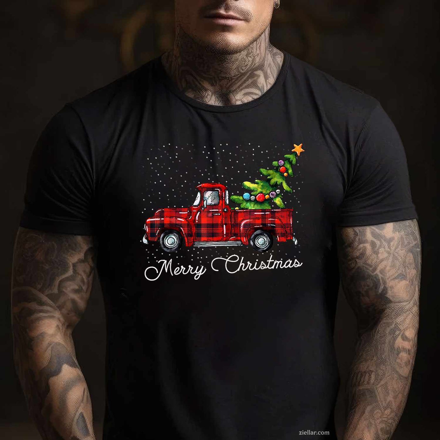 Red Buffalo Plaid Pickup Truck With Tree Merry Christmas T-Shirt, A Classic Buffalo Plaid Christmas Tree Tee
