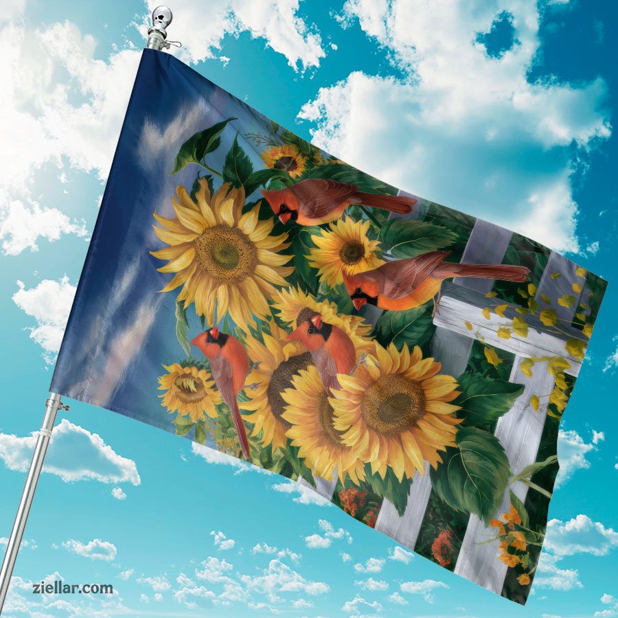 Red Cardinals Perched on Sunflowers Autumn Birds Floral Art Home Accent