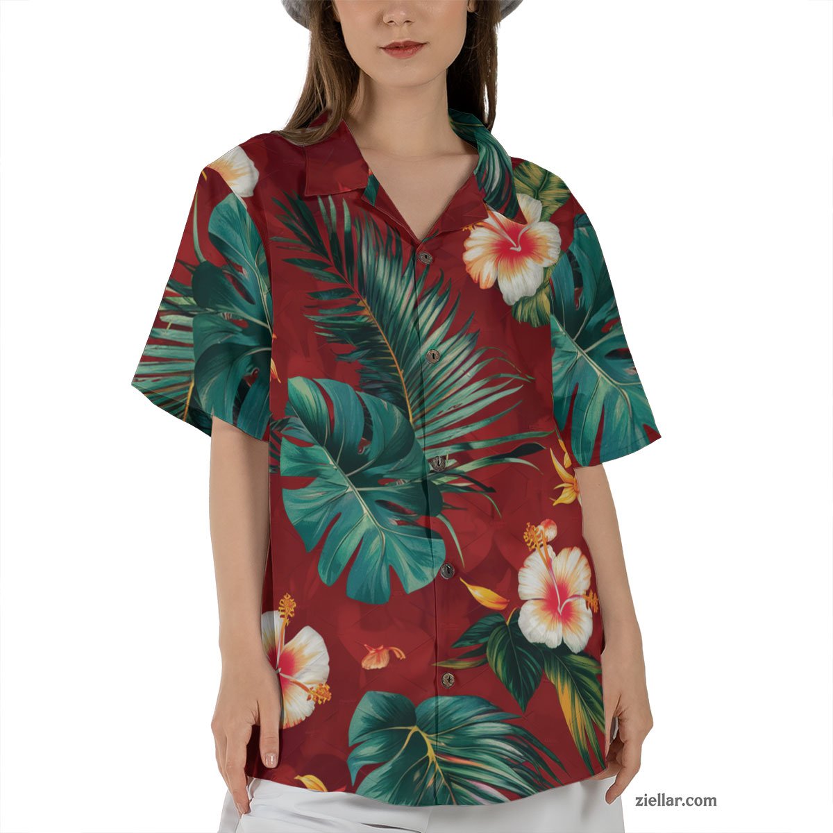 Red Flower Palm Hawaiian Shirt Tee, Summer Casual Vacation Shirt Unisex