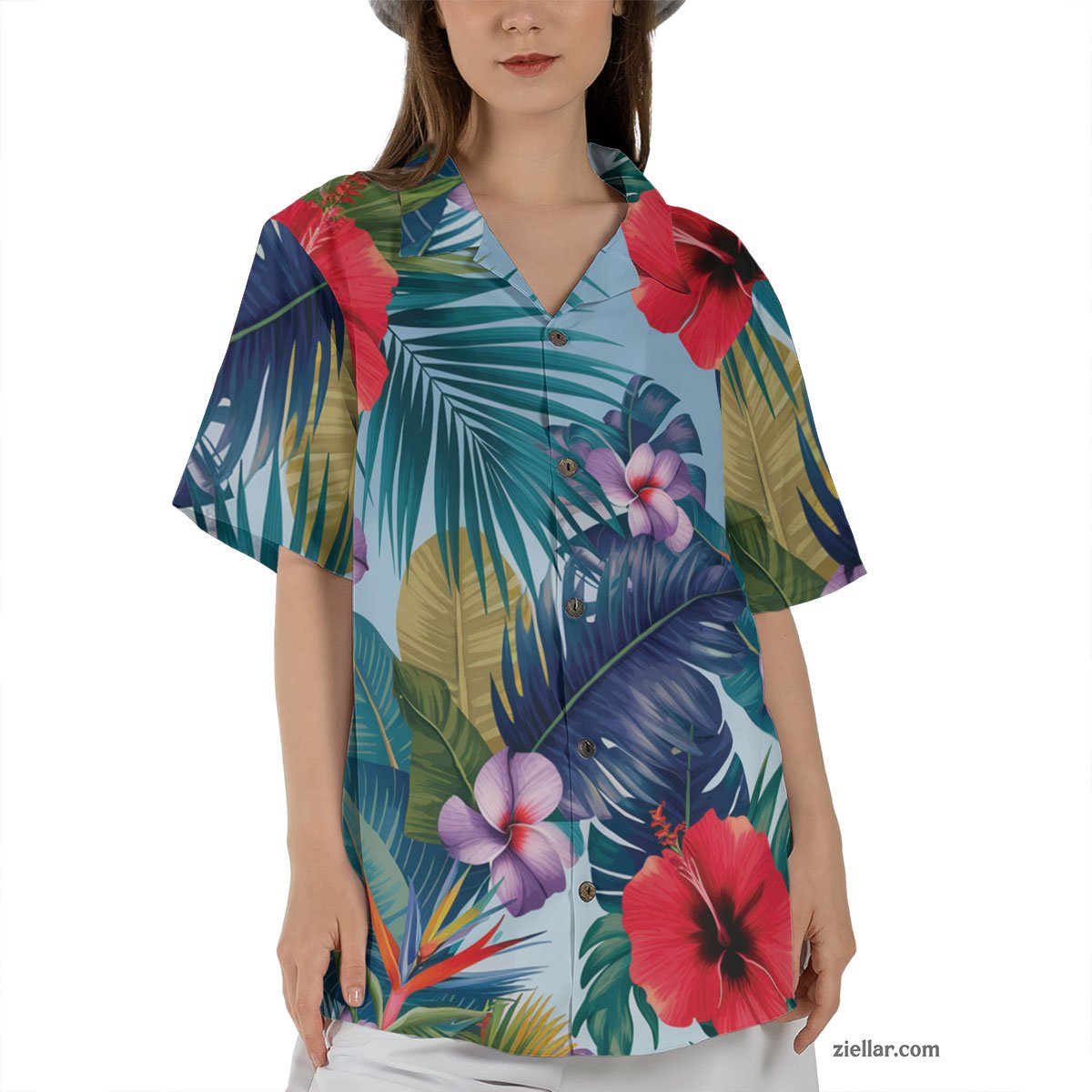 Red Hibiscus Blue Palm Hawaiian Shirt Tee, Tropical Aloha Beachwear Gift