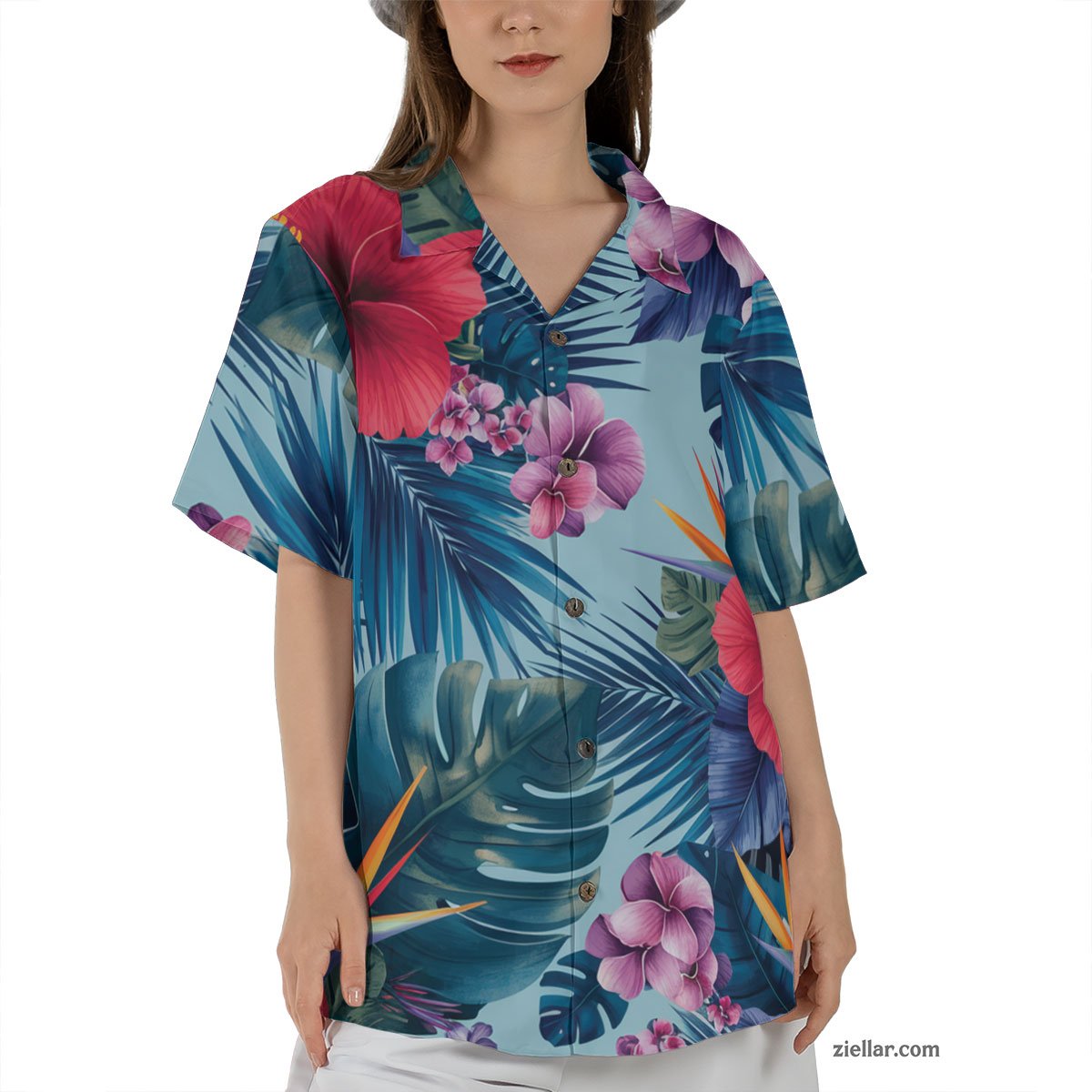 Red Hibiscus & Blue Leaves Hawaiian Shirt and Tee, Summer Outfit Adults