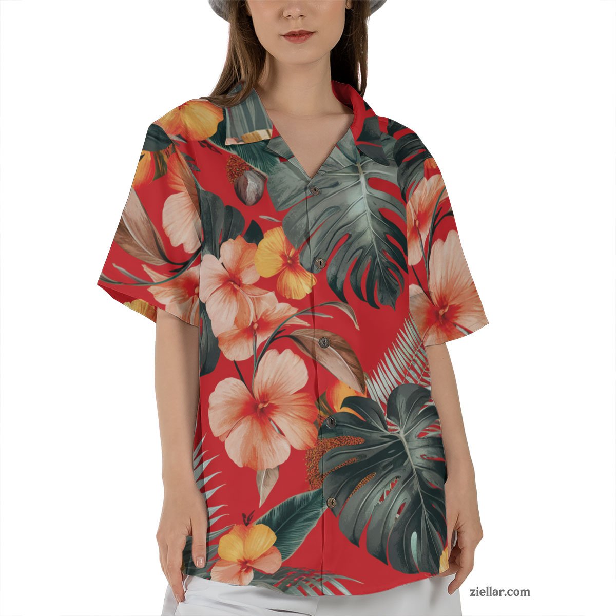 Red Tropical Leaf & Flower Hawaiian Shirt Tee, Summer Aloha Outfit Gift