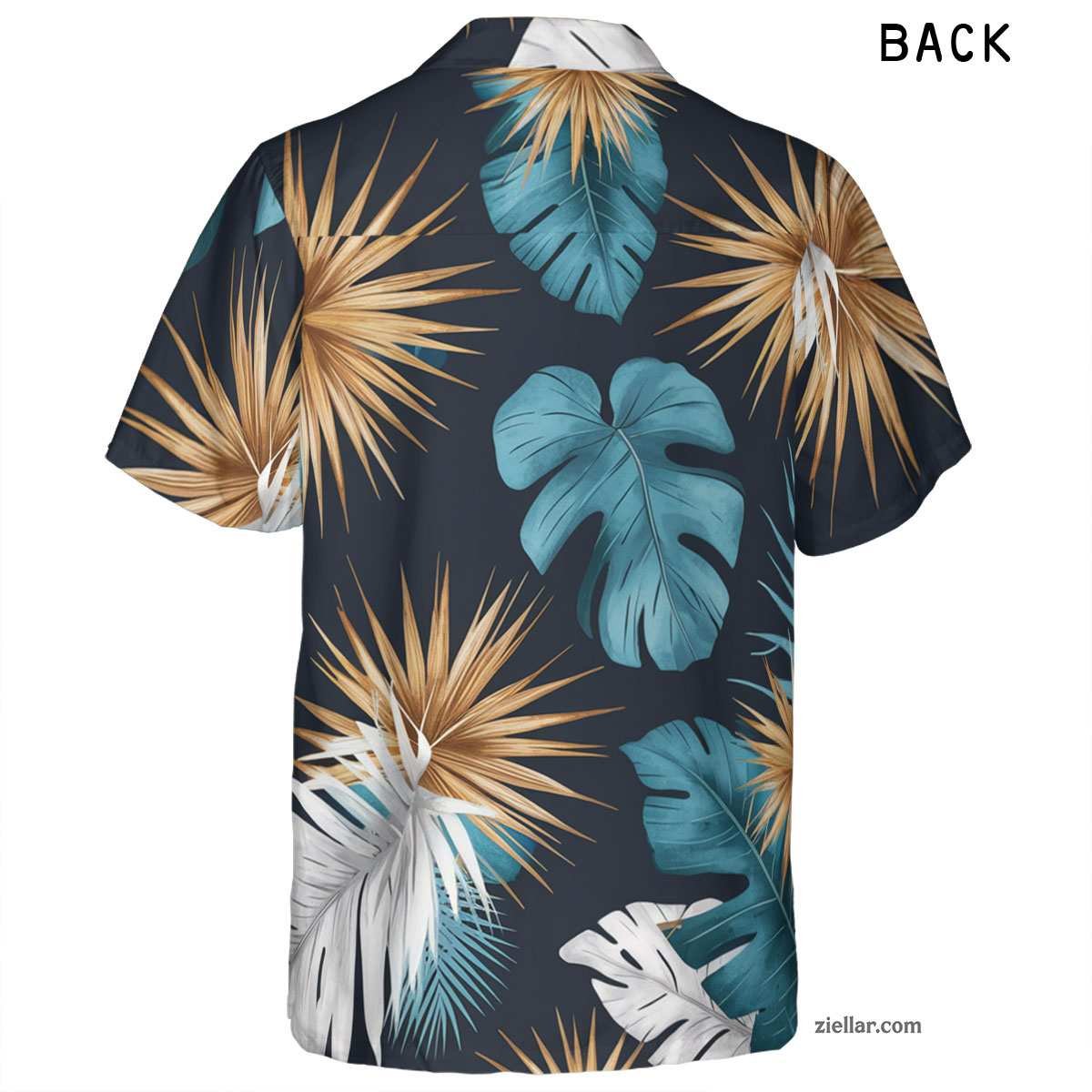 Relaxed Fit Aloha Tee and Hawaiian Shirt, Teal Gold White Leaf Print Unisex