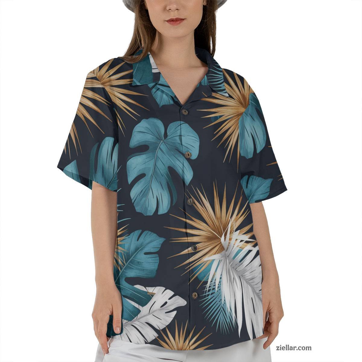 Relaxed Fit Aloha Tee and Hawaiian Shirt, Teal Gold White Leaf Print Unisex