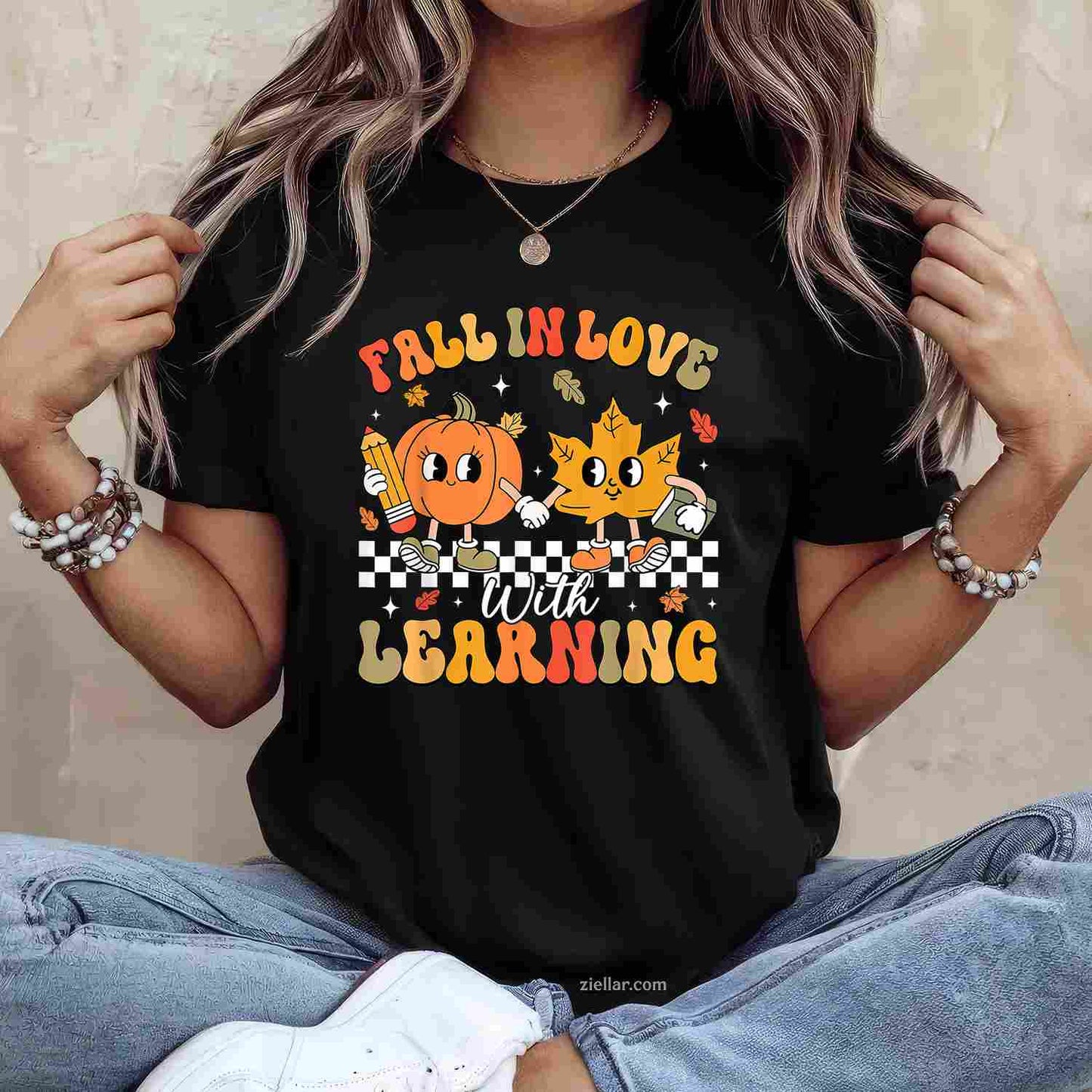 Retro Fall In Love With Learning Autumn Pumpkin Teacher T-Shirt and Tee for Adults Men Women Unisex