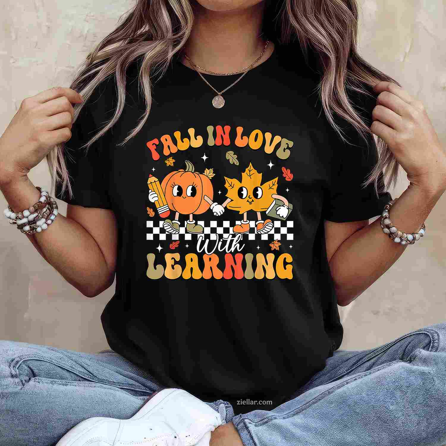 Retro Fall In Love With Learning Autumn Pumpkin Teacher T-Shirt and Tee for Adults Men Women Unisex