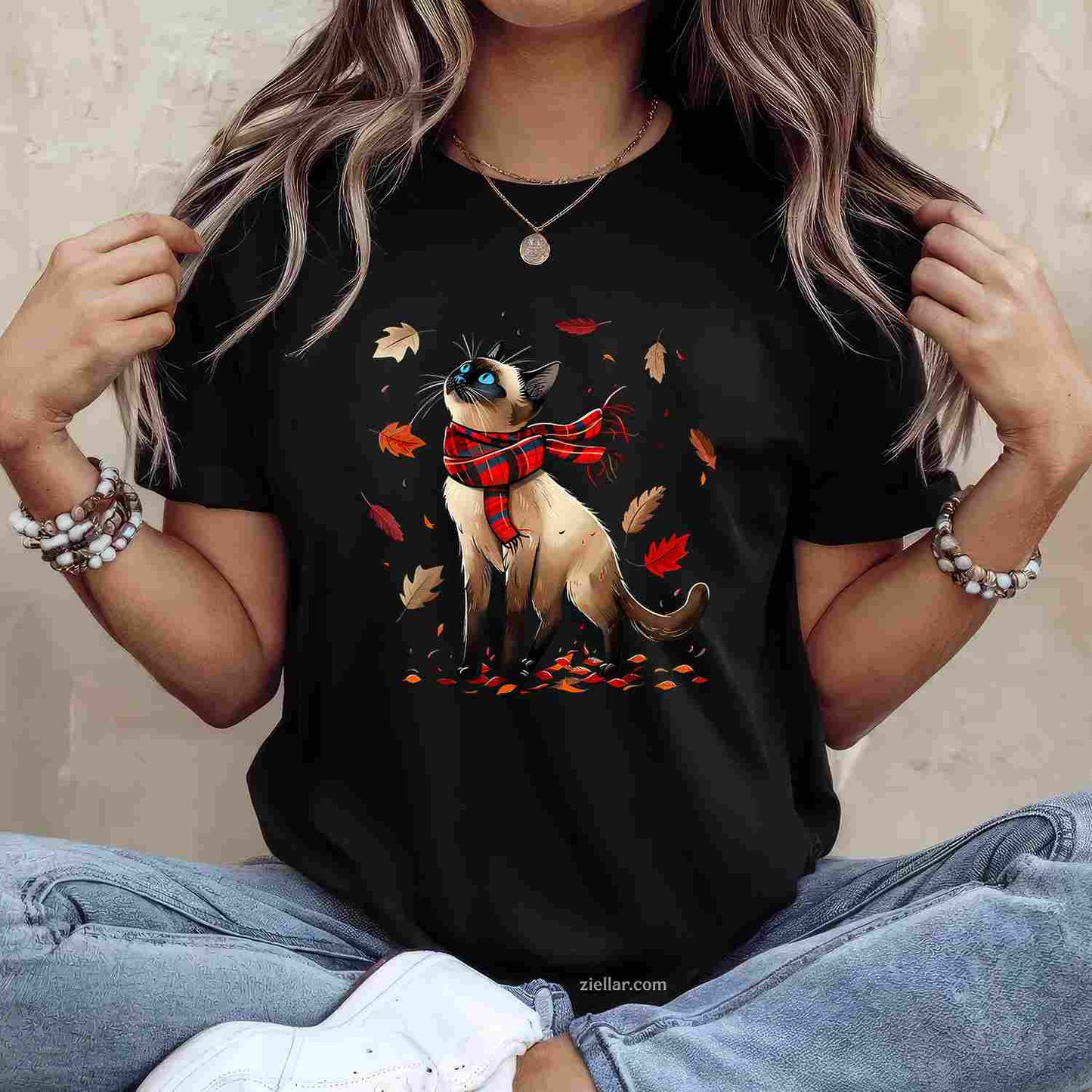 Retro Fall Leaf Siamese Cat Autumn Season Thanksgiving (kid) T-Shirt and Tee for Adults Men Women Unisex