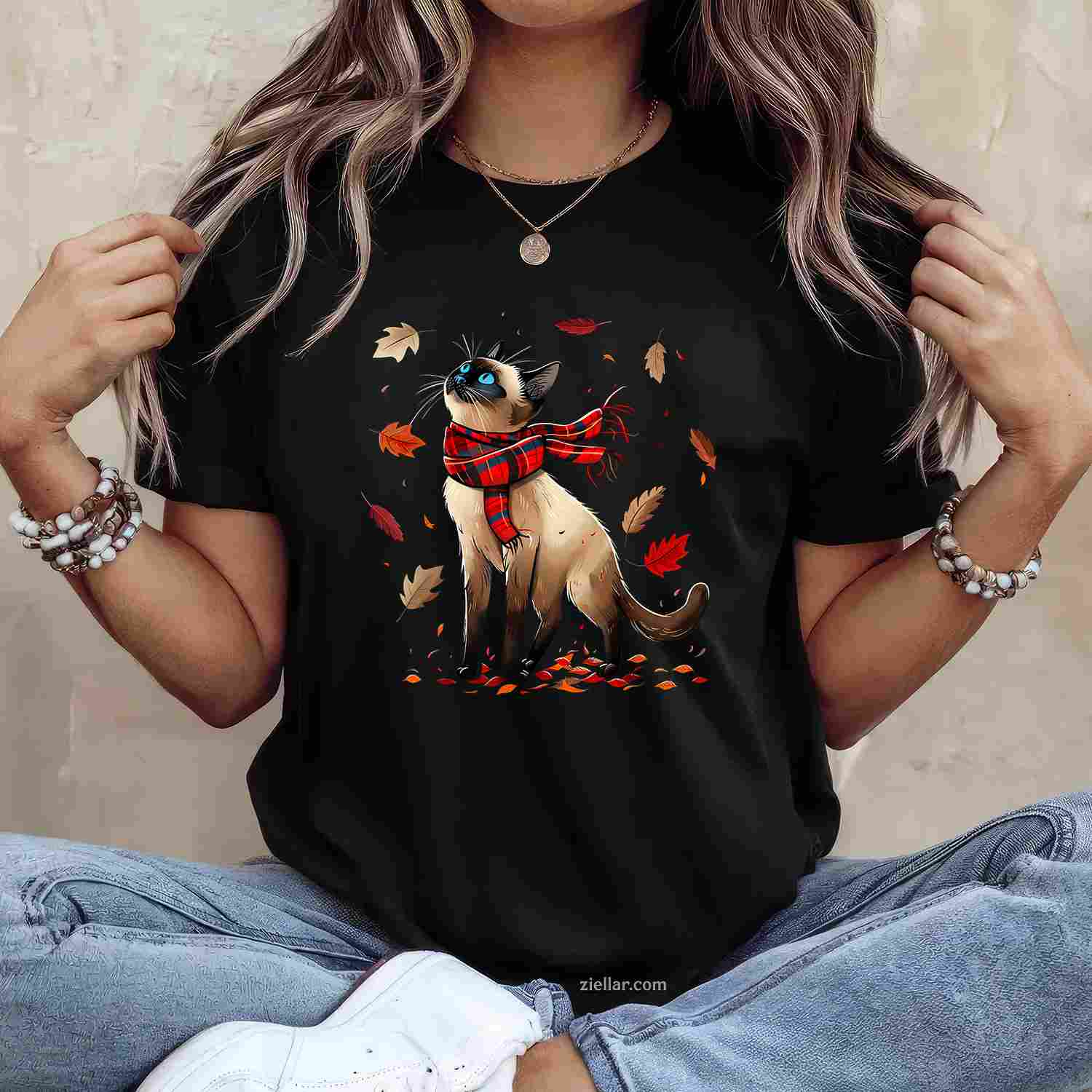 Retro Fall Leaf Siamese Cat Autumn Season Thanksgiving (kid) T-Shirt and Tee for Adults Men Women Unisex