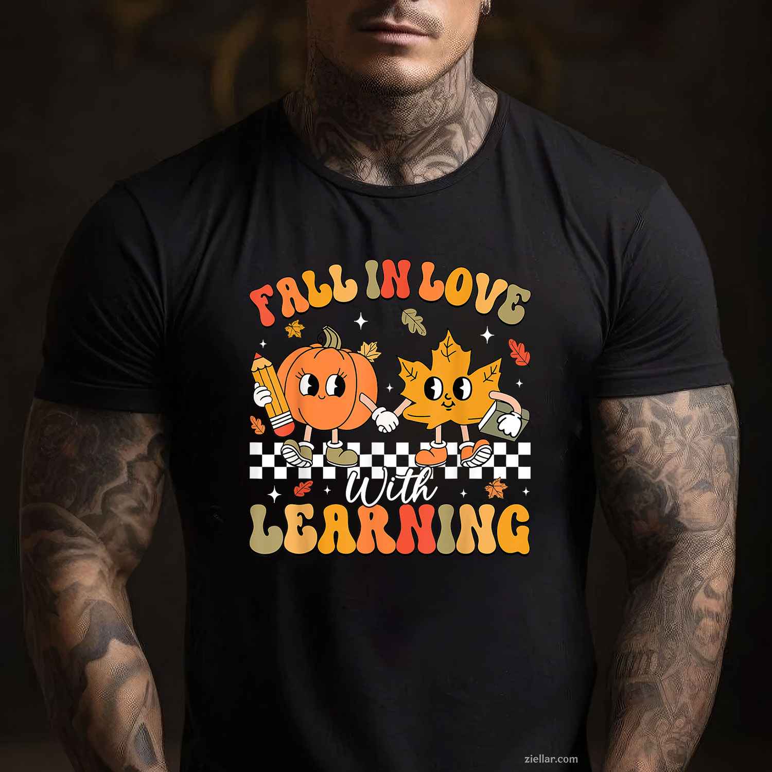 Retro Fall In Love With Learning Autumn Pumpkin Teacher T-Shirt and Tee for Adults Men Women Unisex