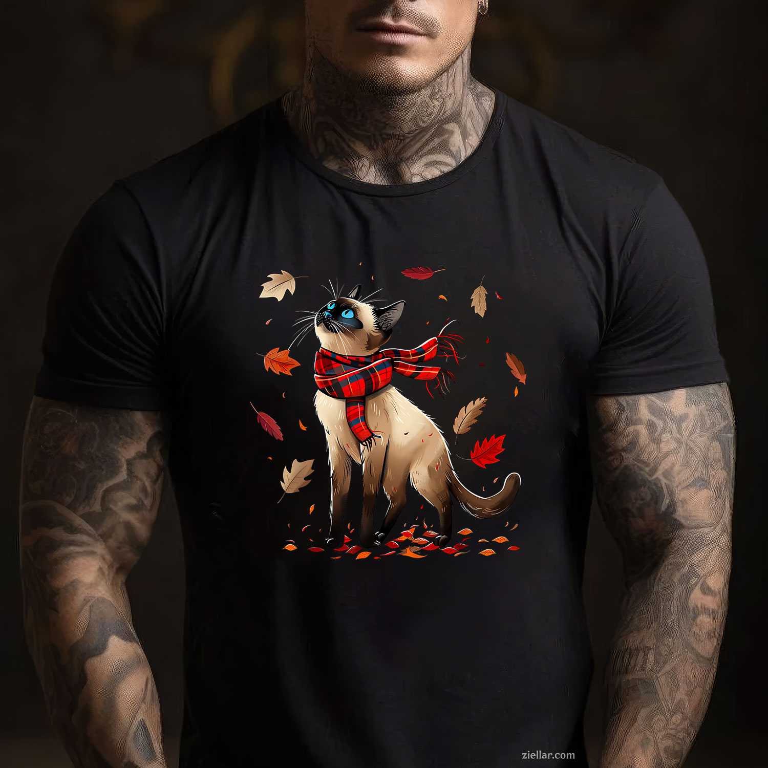 Retro Fall Leaf Siamese Cat Autumn Season Thanksgiving (kid) T-Shirt and Tee for Adults Men Women Unisex