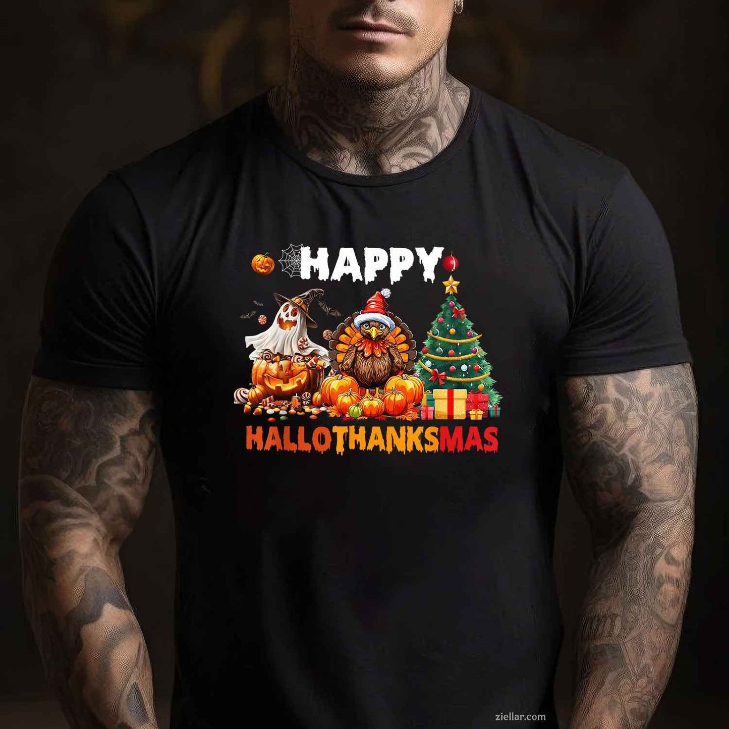 Retro Halloween Thanksgiving Christmas Happy HalloThanksMas Tee, Halloween T-Shirt for Men Women Adults Unisex, Aesthetic Streetwear Top, Soft Cotton Premium Print