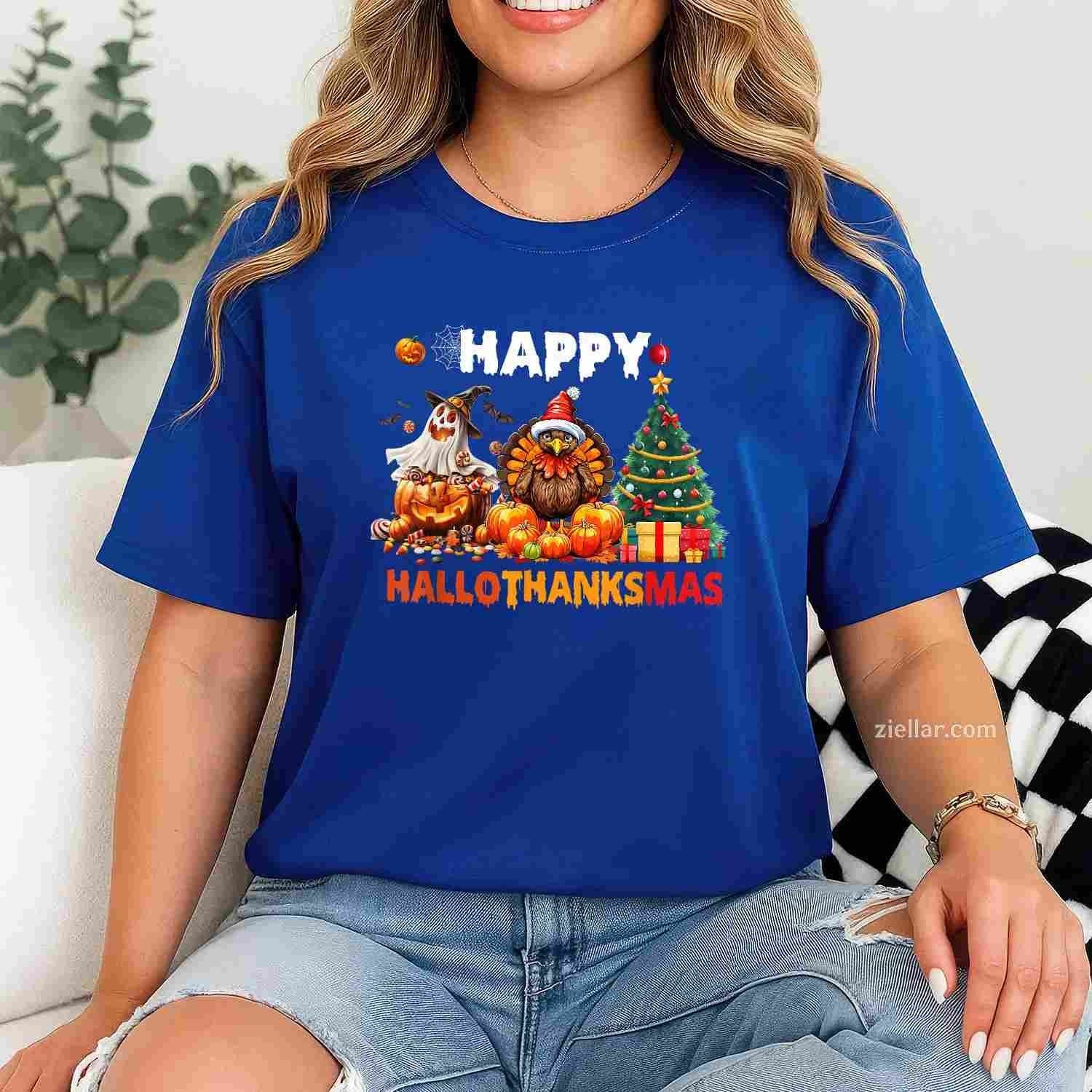 Retro Halloween Thanksgiving Christmas Happy HalloThanksMas Tee, Halloween T-Shirt for Men Women Adults Unisex, Aesthetic Streetwear Top, Soft Cotton Premium Print