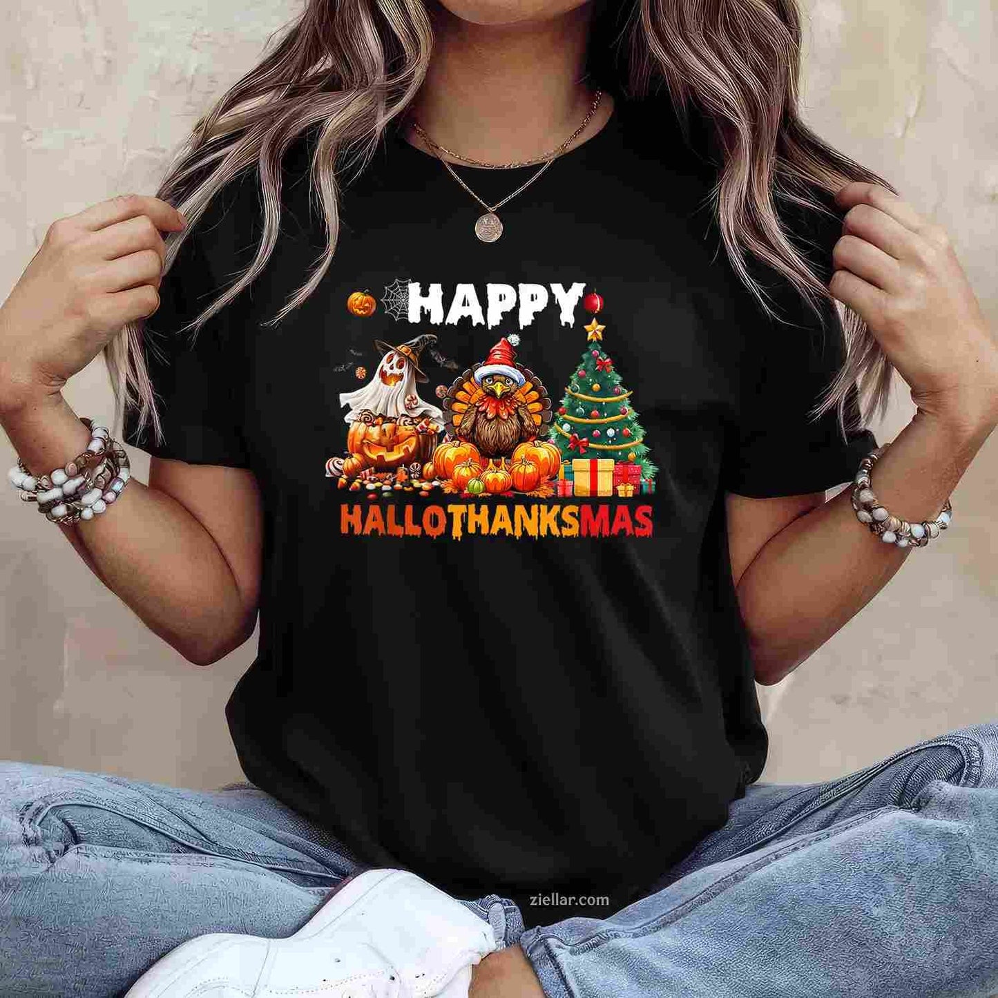 Retro Halloween Thanksgiving Christmas Happy HalloThanksMas Tee, Halloween T-Shirt for Men Women Adults Unisex, Aesthetic Streetwear Top, Soft Cotton Premium Print