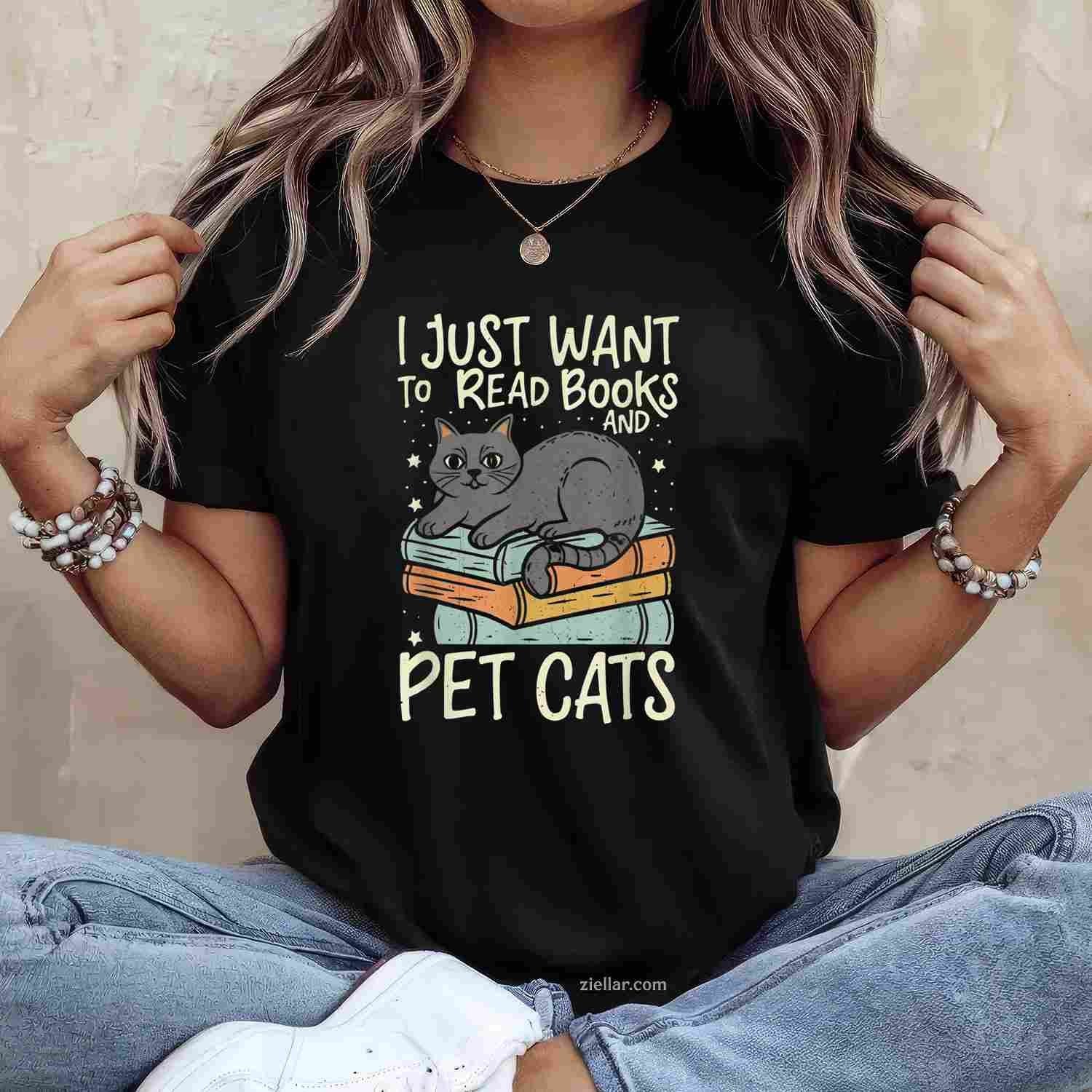 Retro I Just Want To Read Books And Pet Cats T-Shirt, Vintage Graphic Tee For Cat Men Women
