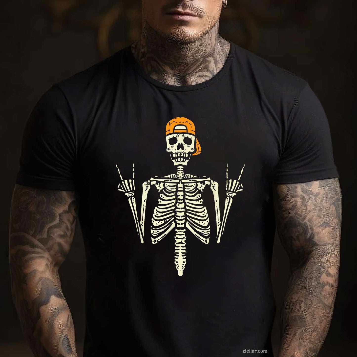 Rocker Skeleton Cap Skater Cool Halloween Punk Rock Men Tee, Halloween T-Shirt for Men Women Adults Unisex, Vintage Retro Graphic, Funny Novelty Gift