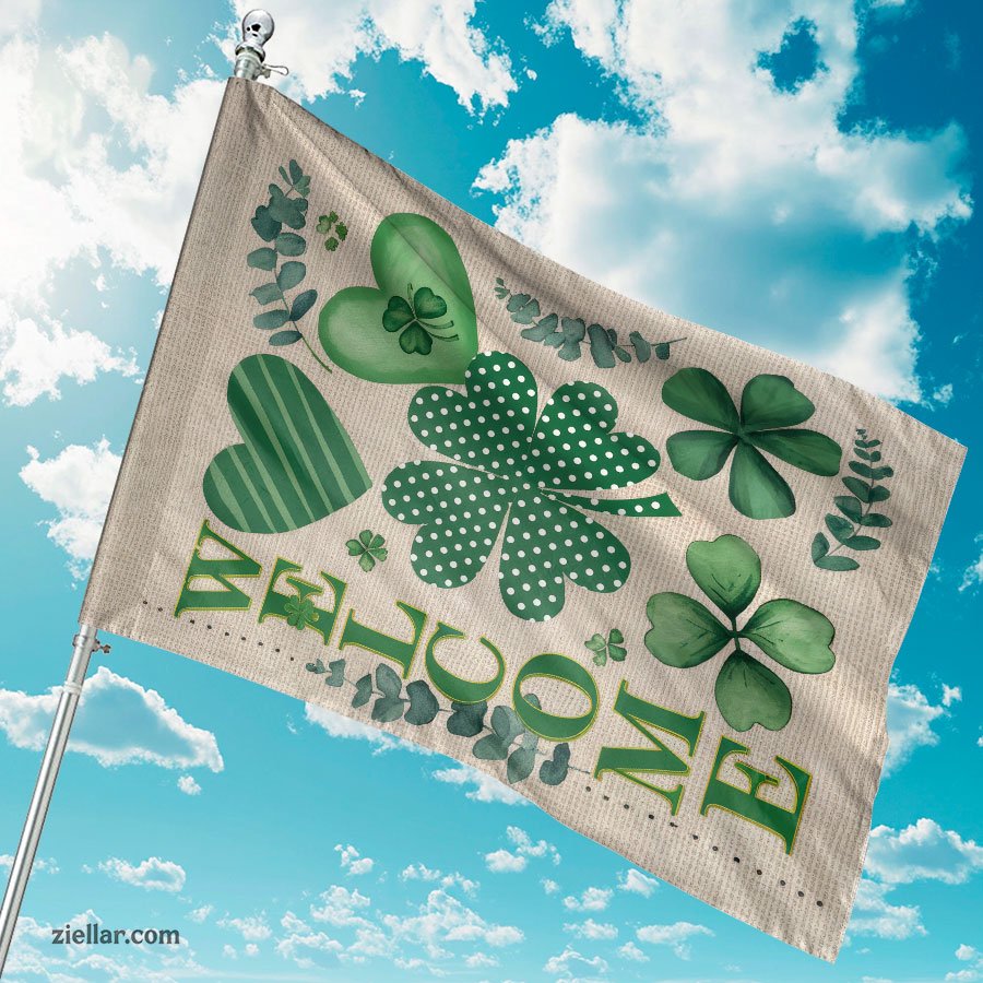 Rustic Welcome Garden Flag with Clover Hearts _ St. Patrick’s Day Yard Decor