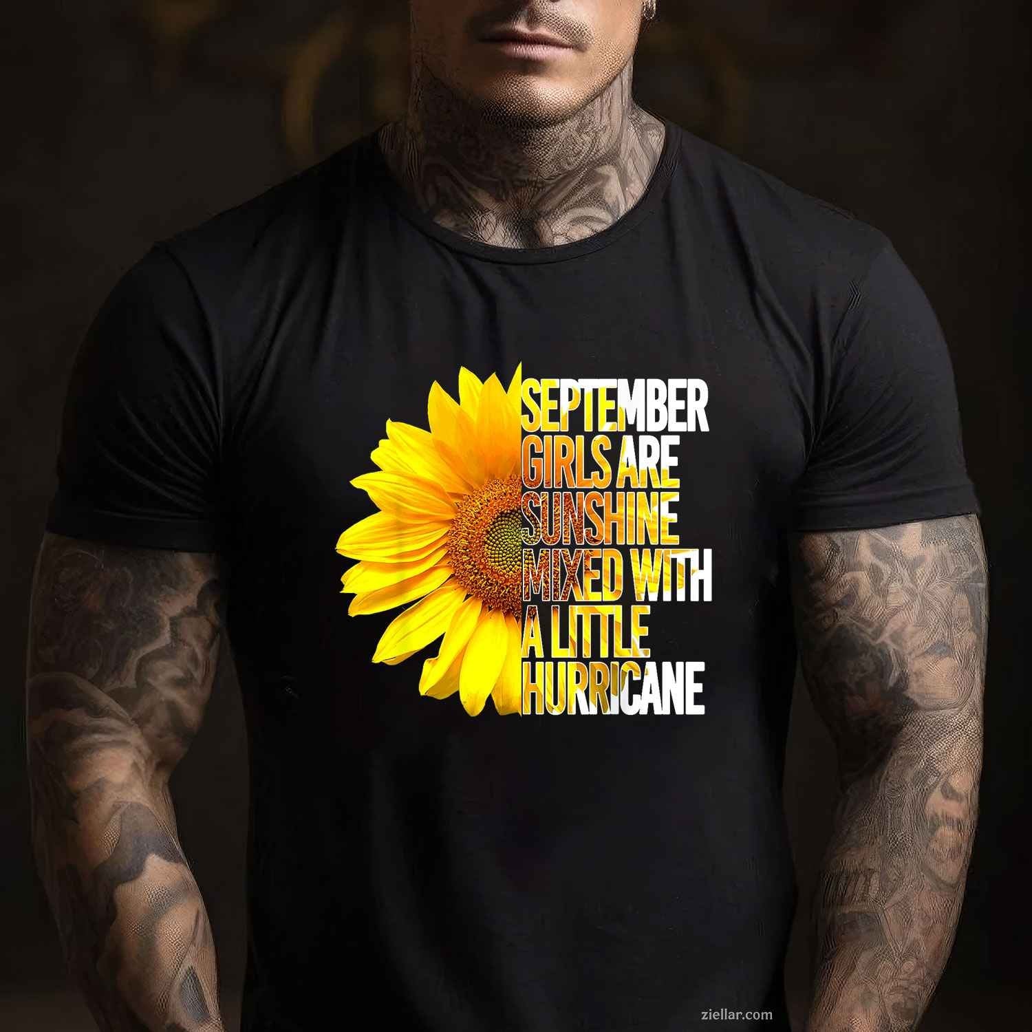 SEPTEMBER GIRLS ARE SUNSHINE MIXED HURRICANE Sunflower T-Shirt Tee for Men Women Adults Unisex