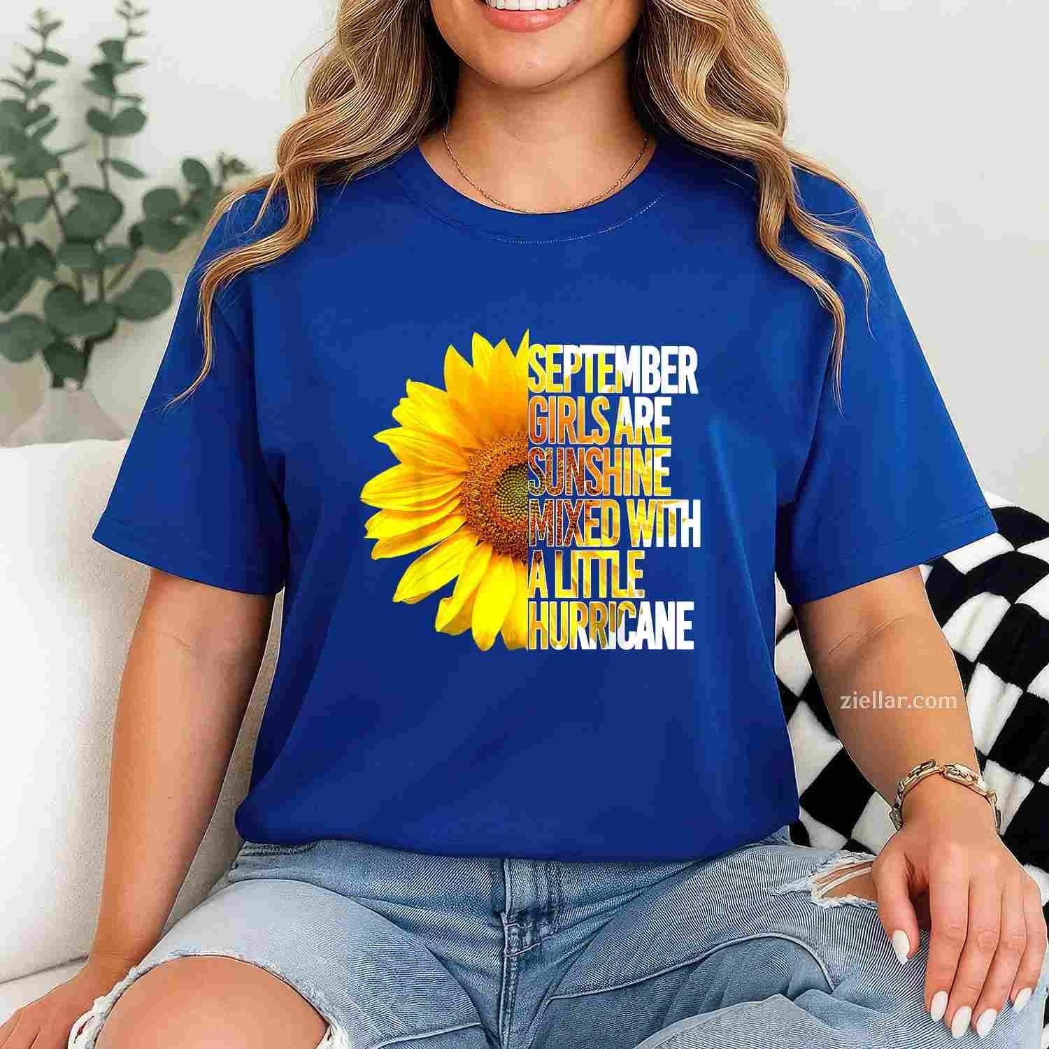 SEPTEMBER GIRLS ARE SUNSHINE MIXED HURRICANE Sunflower T-Shirt Tee for Men Women Adults Unisex