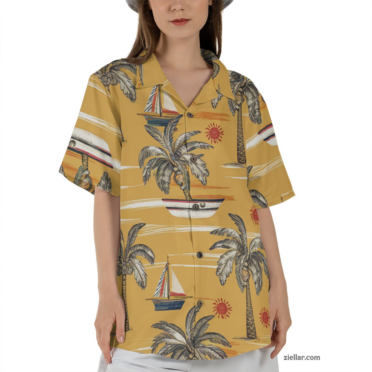 Sailboat and Palm Tree Hawaiian Shirt and Tee, Aloha Beach Shirt Adults