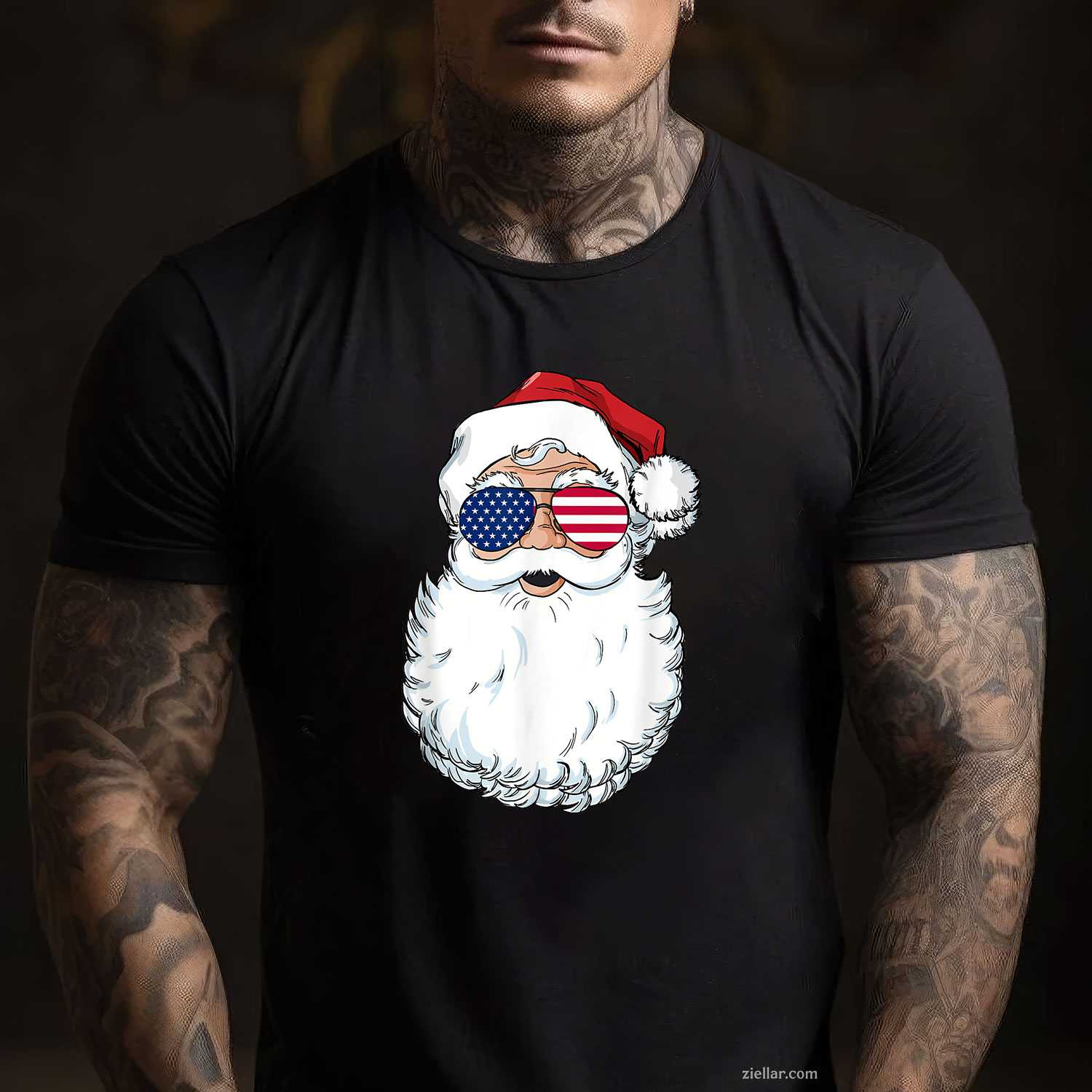 Santa Claus Patriotic Usa Sunglasses Christmas In July Santa T-Shirt, A Patriotic American Xmas In July Tee