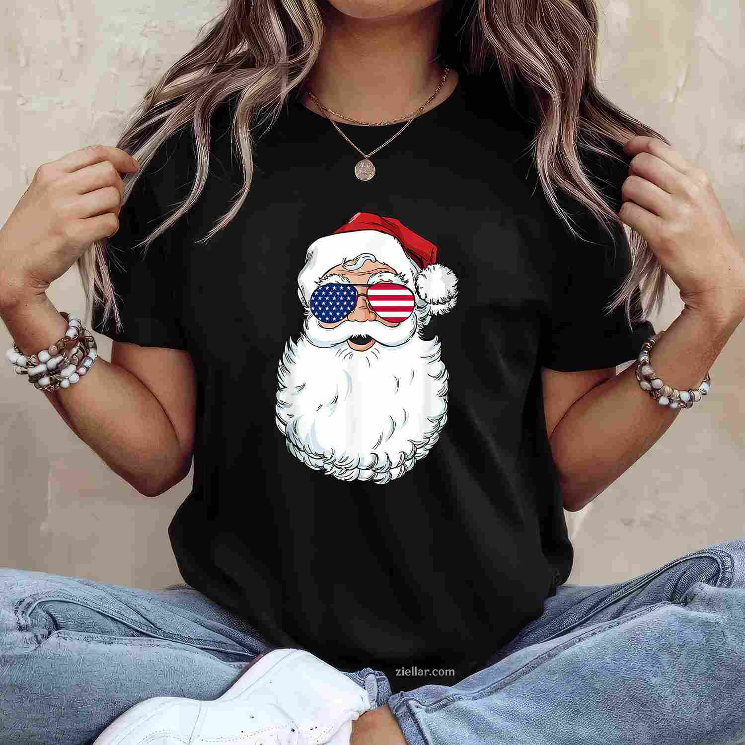 Santa Claus Patriotic Usa Sunglasses Christmas In July Santa T-Shirt, A Patriotic American Xmas In July Tee