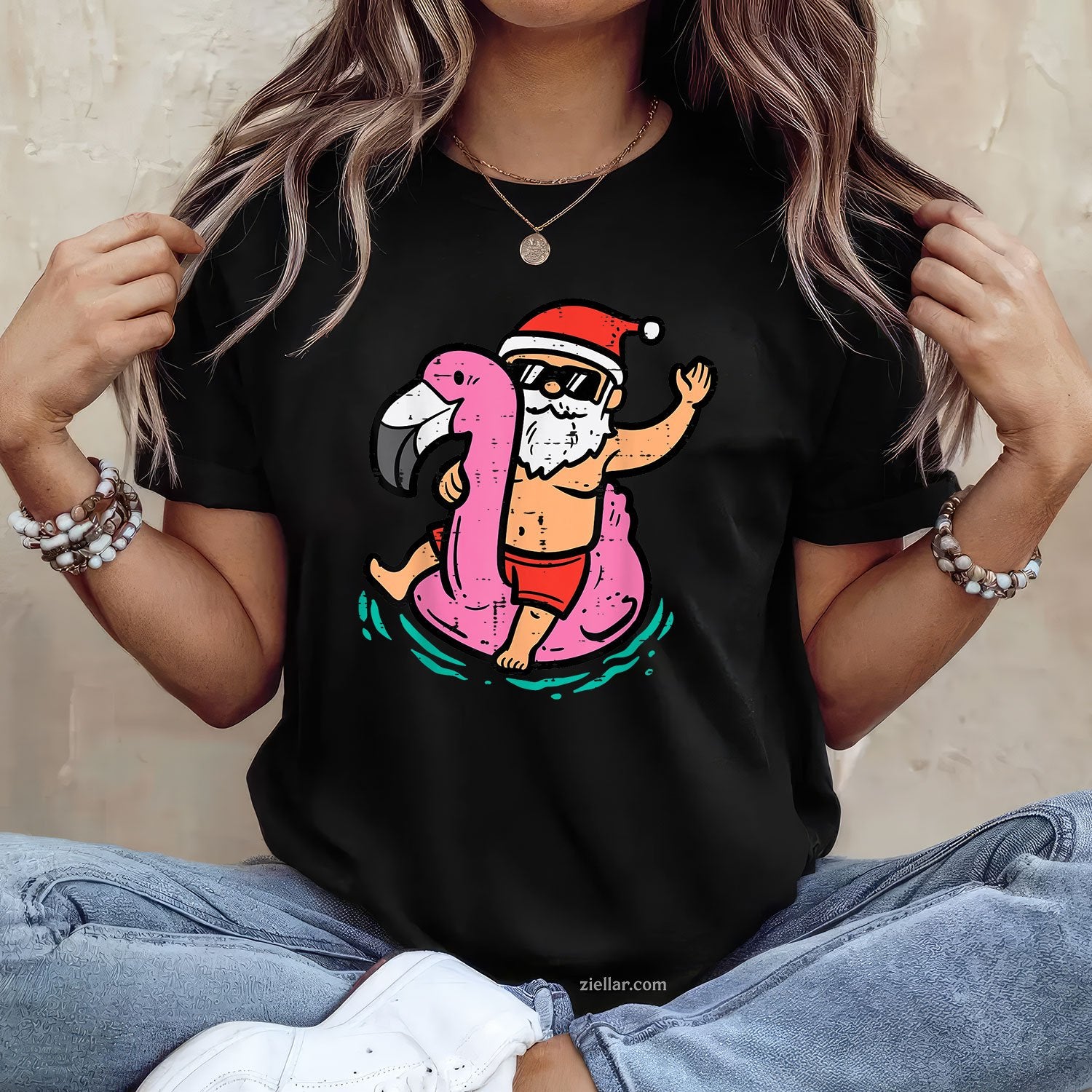 Santa Flamingo Floatie Funny Christmas In July Summer Xmas TShirt