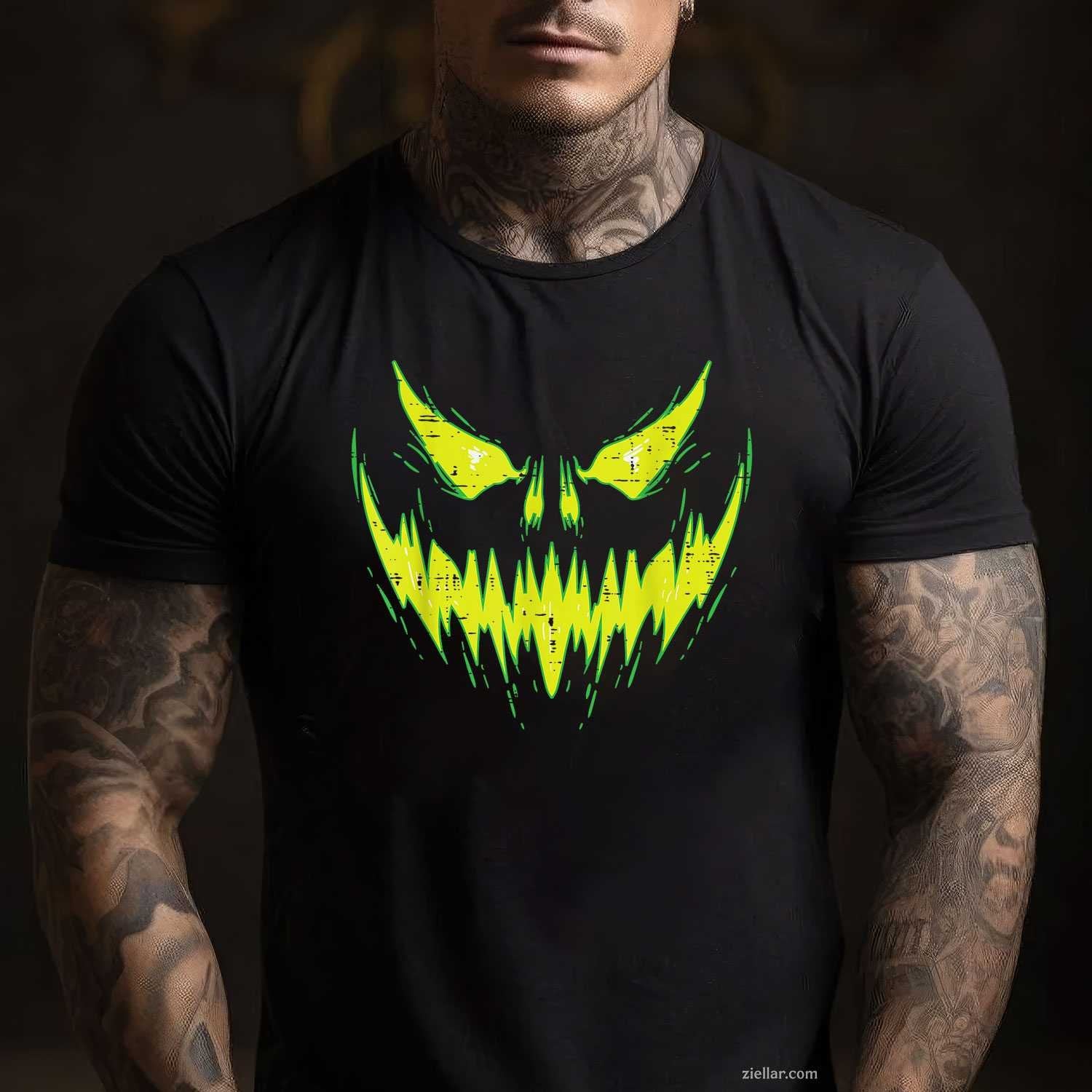 Scary Pumpkin Jack O Lantern Face Halloween Men Tee, Halloween T-Shirt for Men Women Adults Unisex, Vintage Retro Graphic, Funny Novelty Gift