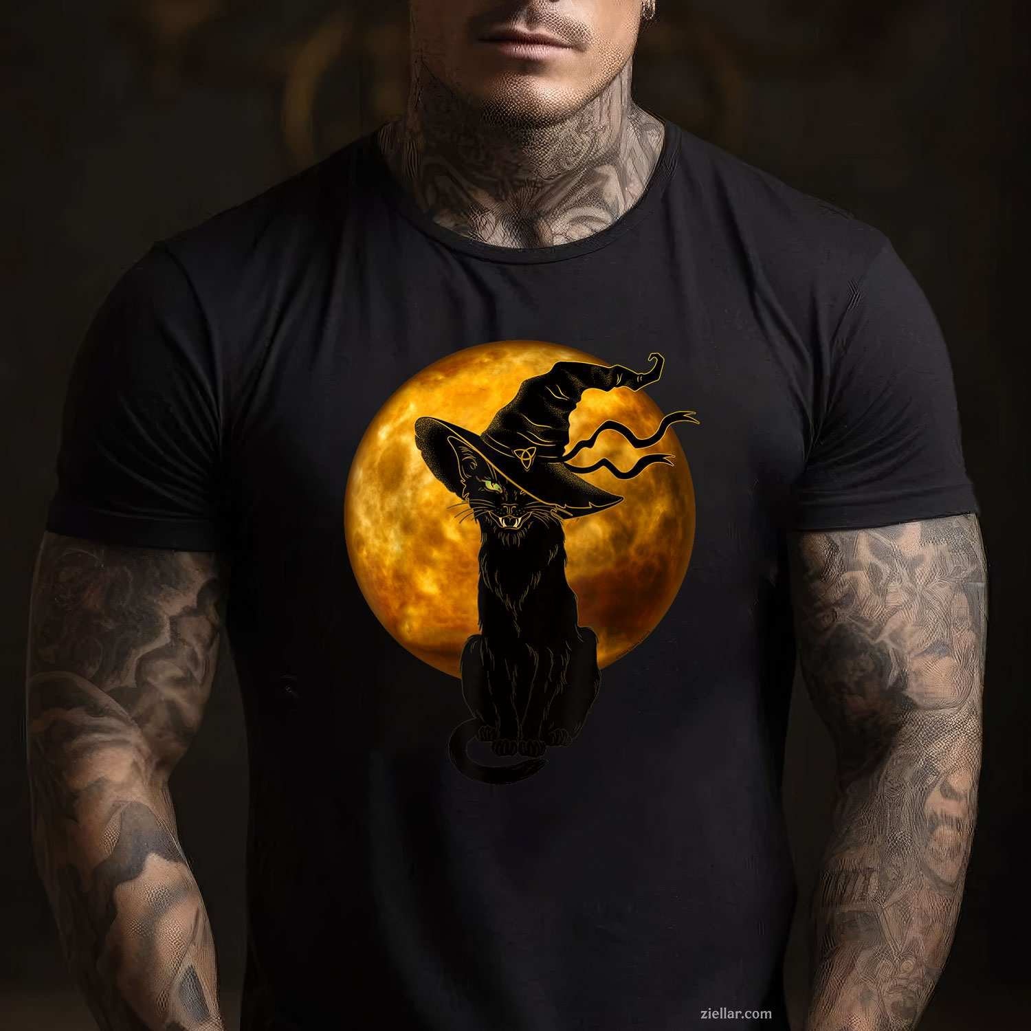 Scary Vintage Black Cat with Witch Hat Full Moon - Halloween Tee, Halloween T-Shirt for Men Women Adults Unisex, Bold Statement Graphic, Party Outfit Favorite