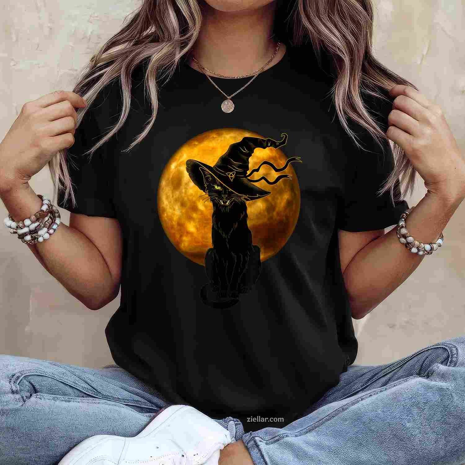 Scary Vintage Black Cat with Witch Hat Full Moon - Halloween Tee, Halloween T-Shirt for Men Women Adults Unisex, Bold Statement Graphic, Party Outfit Favorite