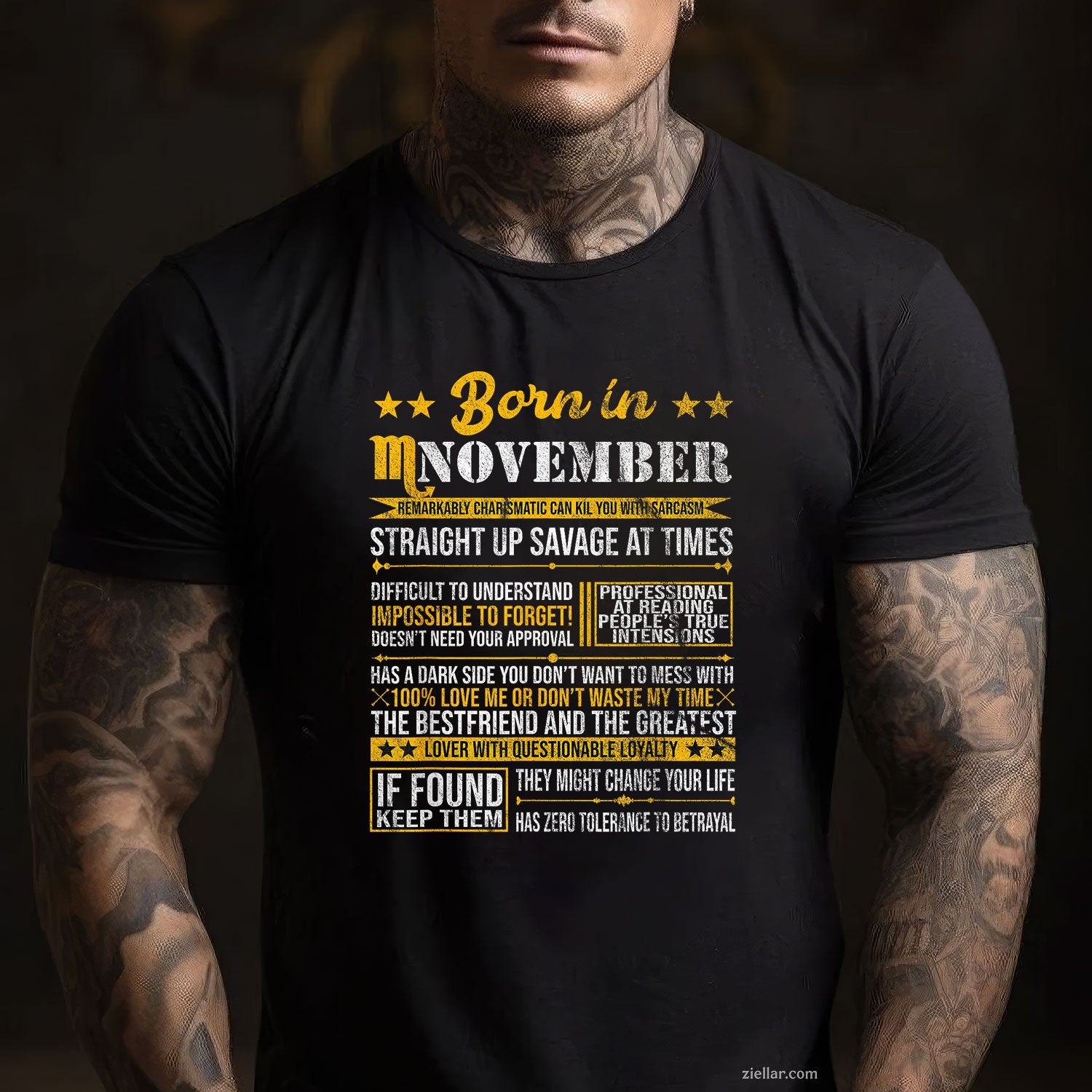 Scorpio Horoscope Tee and T-Shirt, Born in November Zodiac Birthday T-Shirt for Adults