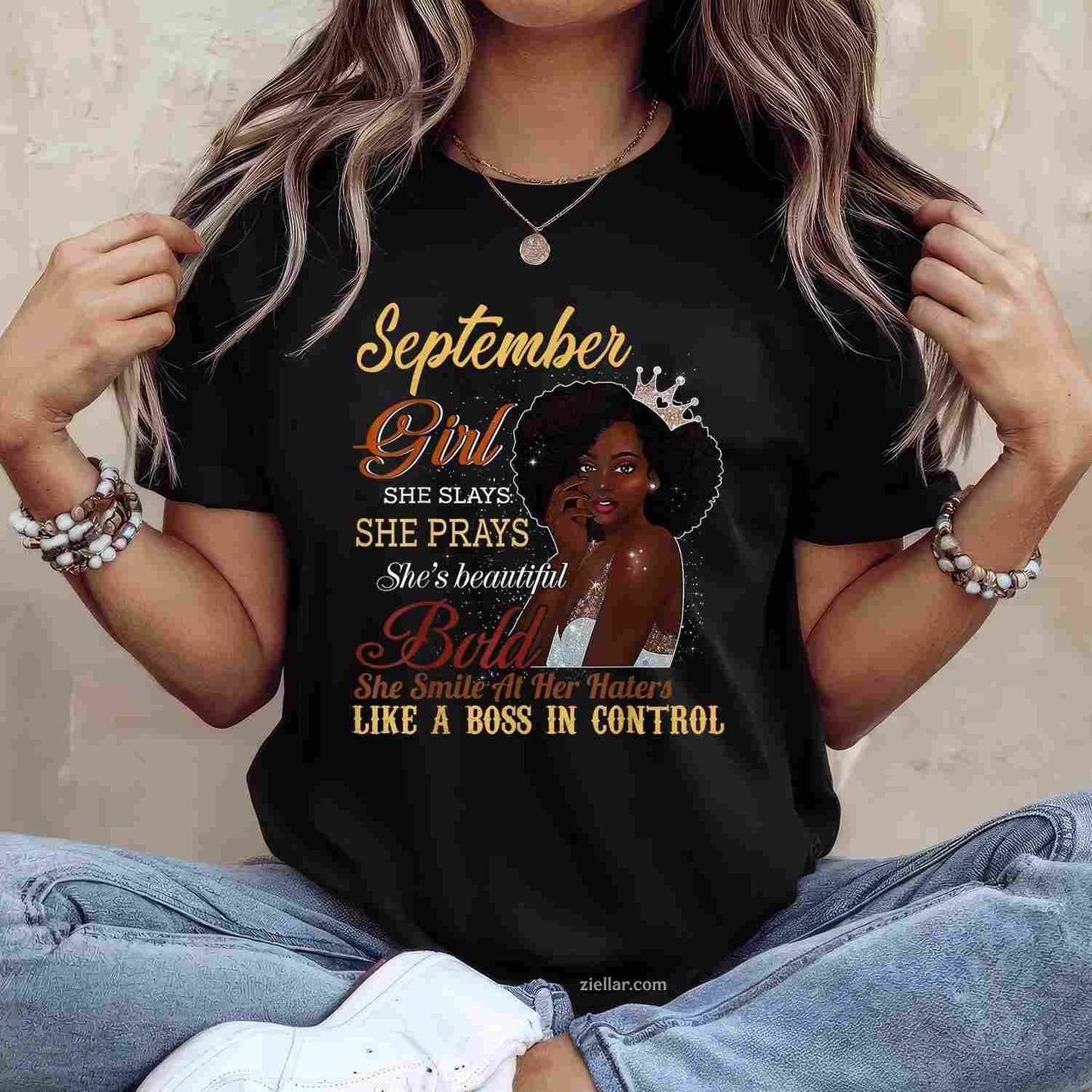 September Girl She Slays She Prays Beautiful Birthday Shirt T-Shirt Tee for Men Women Adults Unisex