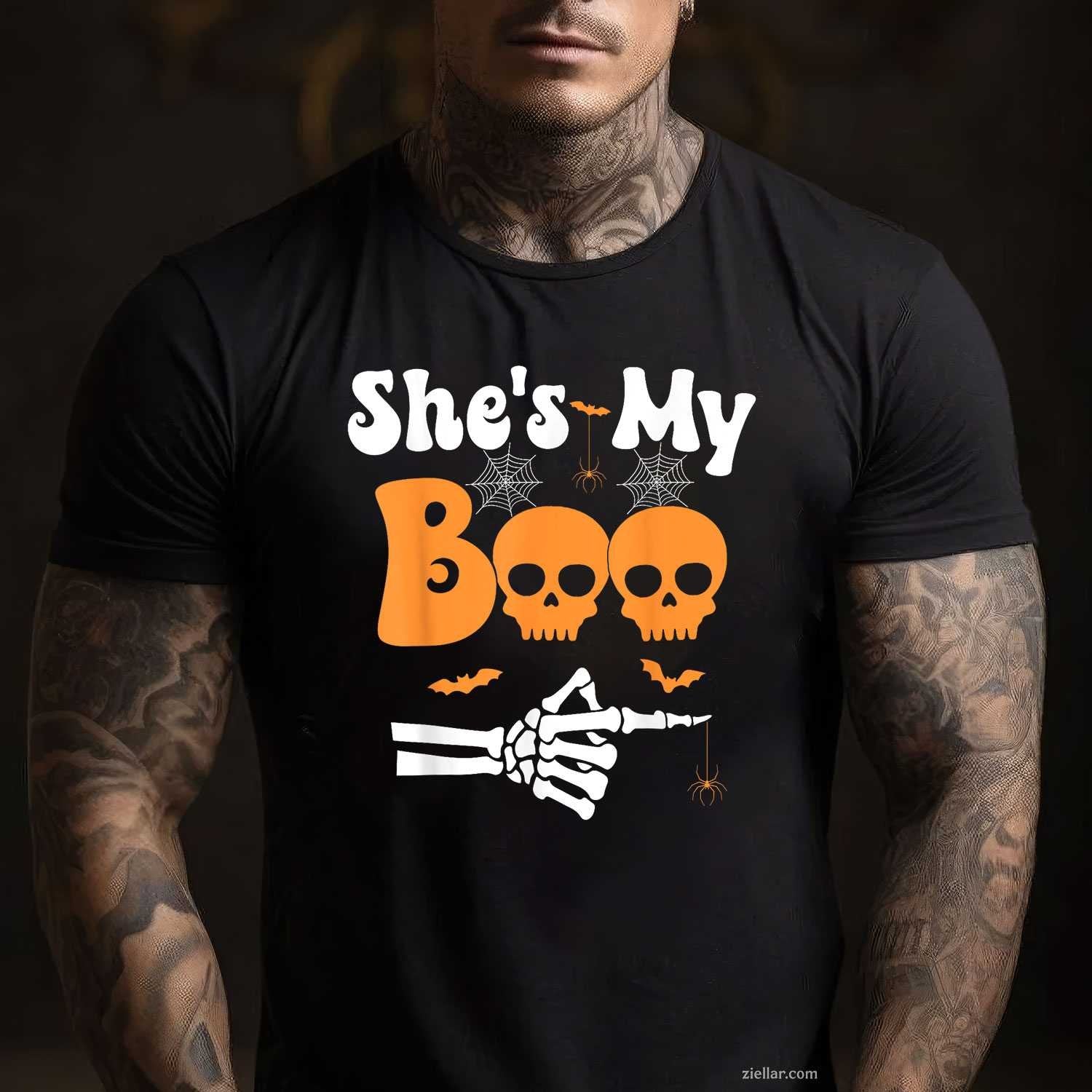 She’s My Boo Skeleton Couples Matching Couple Halloween Tee, Halloween T-Shirt for Men Women Adults Unisex, Vintage Retro Graphic, Funny Novelty Gift