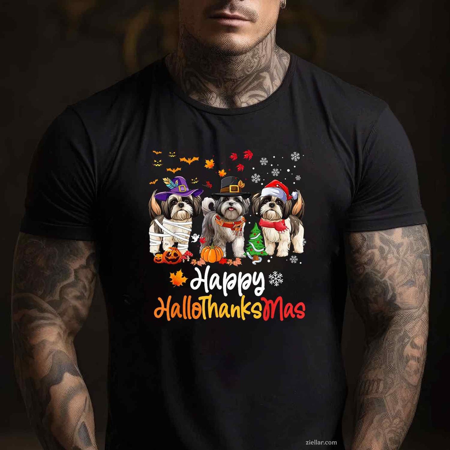 Shih Tzu Dog Halloween Christmas Happy Hallothanksmas Men Women Kids Funny Graphic Tee and T-Shirt Gift for Adults Men Women Unisex