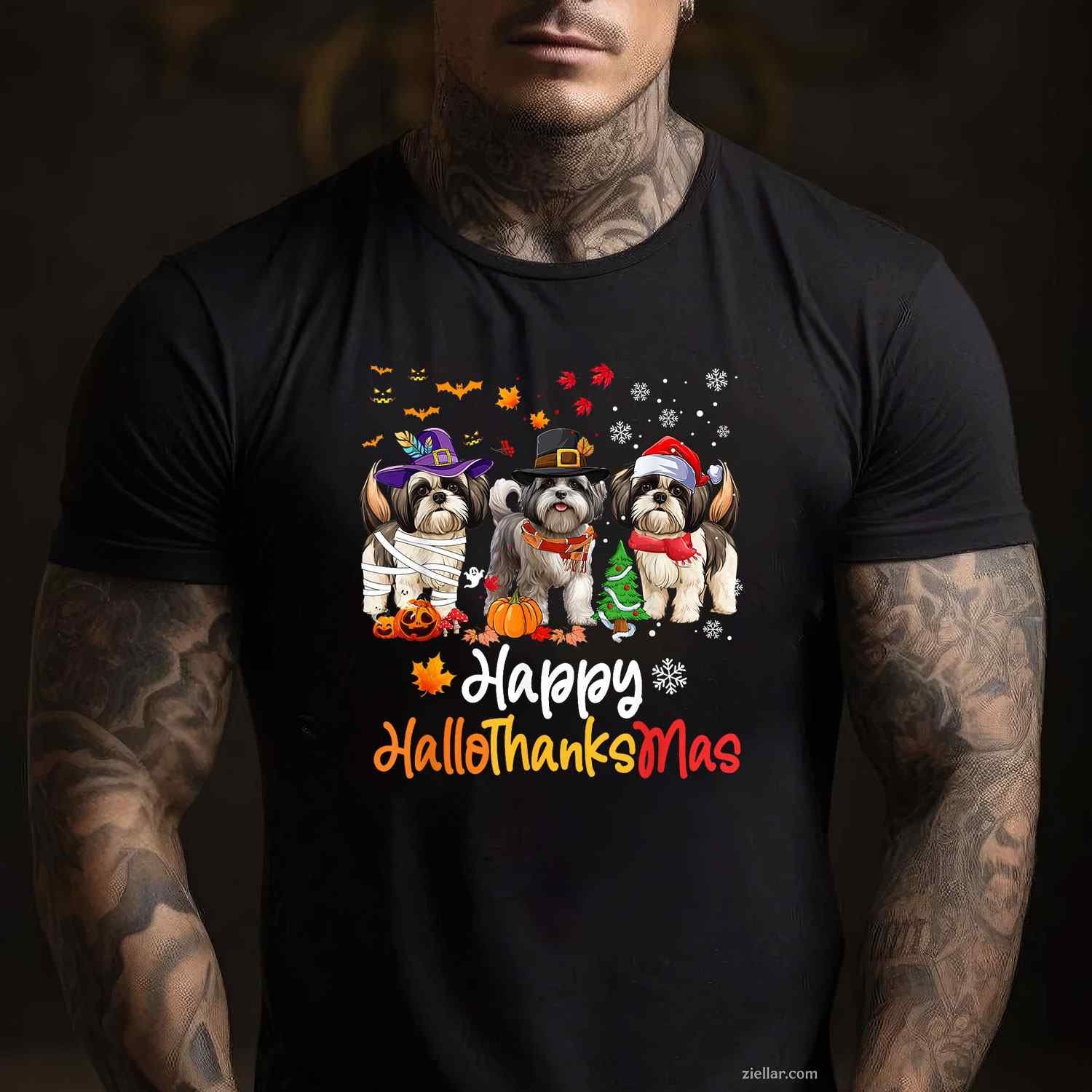 Shih Tzu Dog Halloween Christmas Happy Hallothanksmas Men Women Kids Funny Graphic Tee and T-Shirt Gift for Adults Men Women Unisex