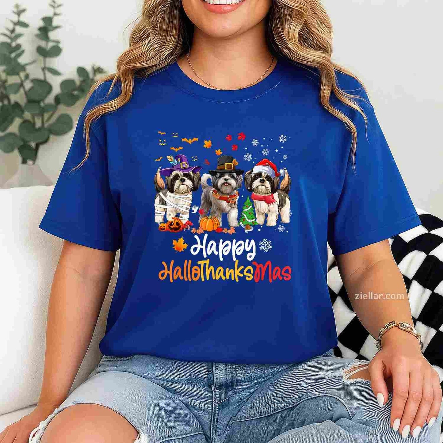 Shih Tzu Dog Halloween Christmas Happy Hallothanksmas Men Women Kids Funny Graphic Tee and T-Shirt Gift for Adults Men Women Unisex