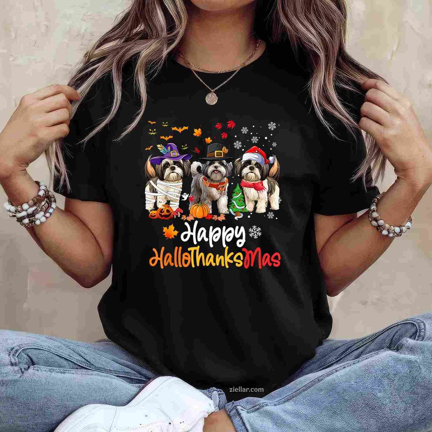 Shih Tzu Dog Halloween Christmas Happy Hallothanksmas Men Women Kids Funny Graphic Tee and T-Shirt Gift for Adults Men Women Unisex