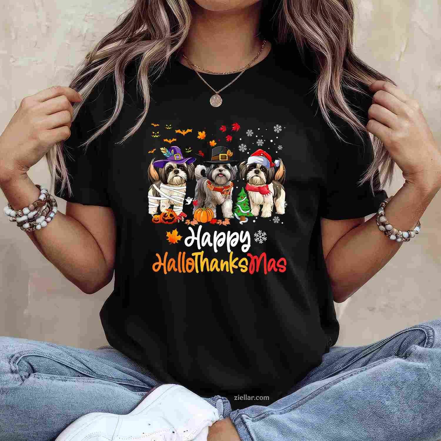 Shih Tzu Dog Halloween Christmas Happy Hallothanksmas Men Women Kids Funny Graphic Tee and T-Shirt Gift for Adults Men Women Unisex