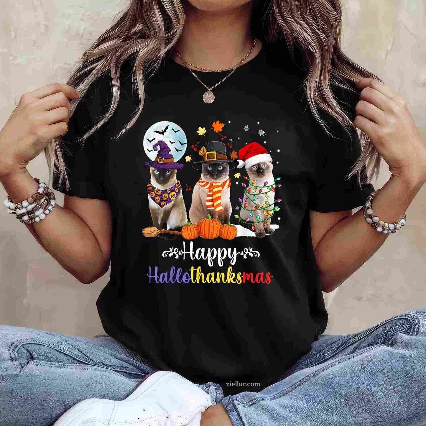 Siamese Cat Halloween Merry Christmas Happy Hallothanksmas Men Women Tee, Halloween T-Shirt for Men Women Adults Unisex, Aesthetic Streetwear Top, Soft Cotton Premium Print