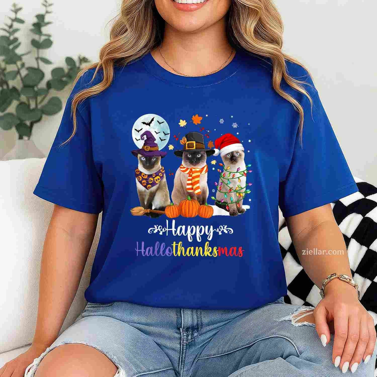 Siamese Cat Halloween Merry Christmas Happy Hallothanksmas Men Women Tee, Halloween T-Shirt for Men Women Adults Unisex, Aesthetic Streetwear Top, Soft Cotton Premium Print