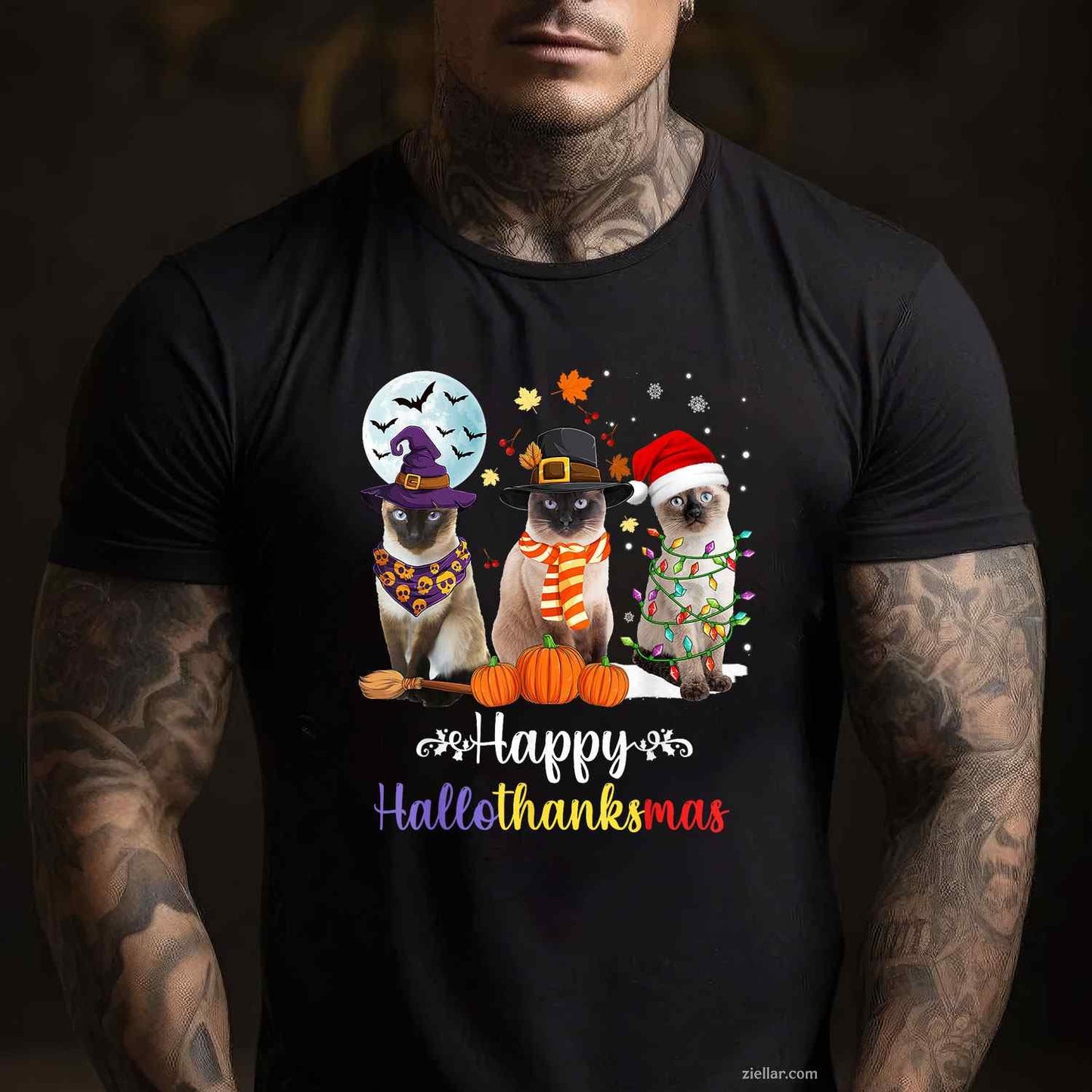 Siamese Cat Halloween Merry Christmas Happy Hallothanksmas Men Women Tee, Halloween T-Shirt for Men Women Adults Unisex, Aesthetic Streetwear Top, Soft Cotton Premium Print